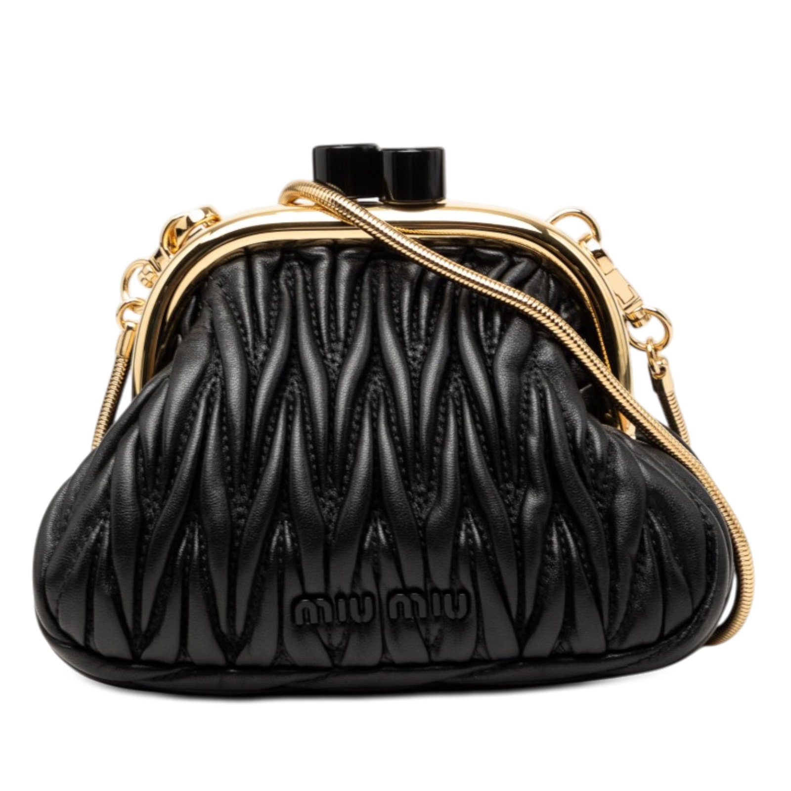 Black Nappa Leather Crossbody Bag Miu Miu Mini Matelasse Belle: Black Nappa Leather Crossbody Bag Miu Miu Mini Matelasse Belle This Miu Miu Mini Matelasse Nappa Belle Crossbody bag is crafted in black nappa leather and features a snake chain strap with a frame and
