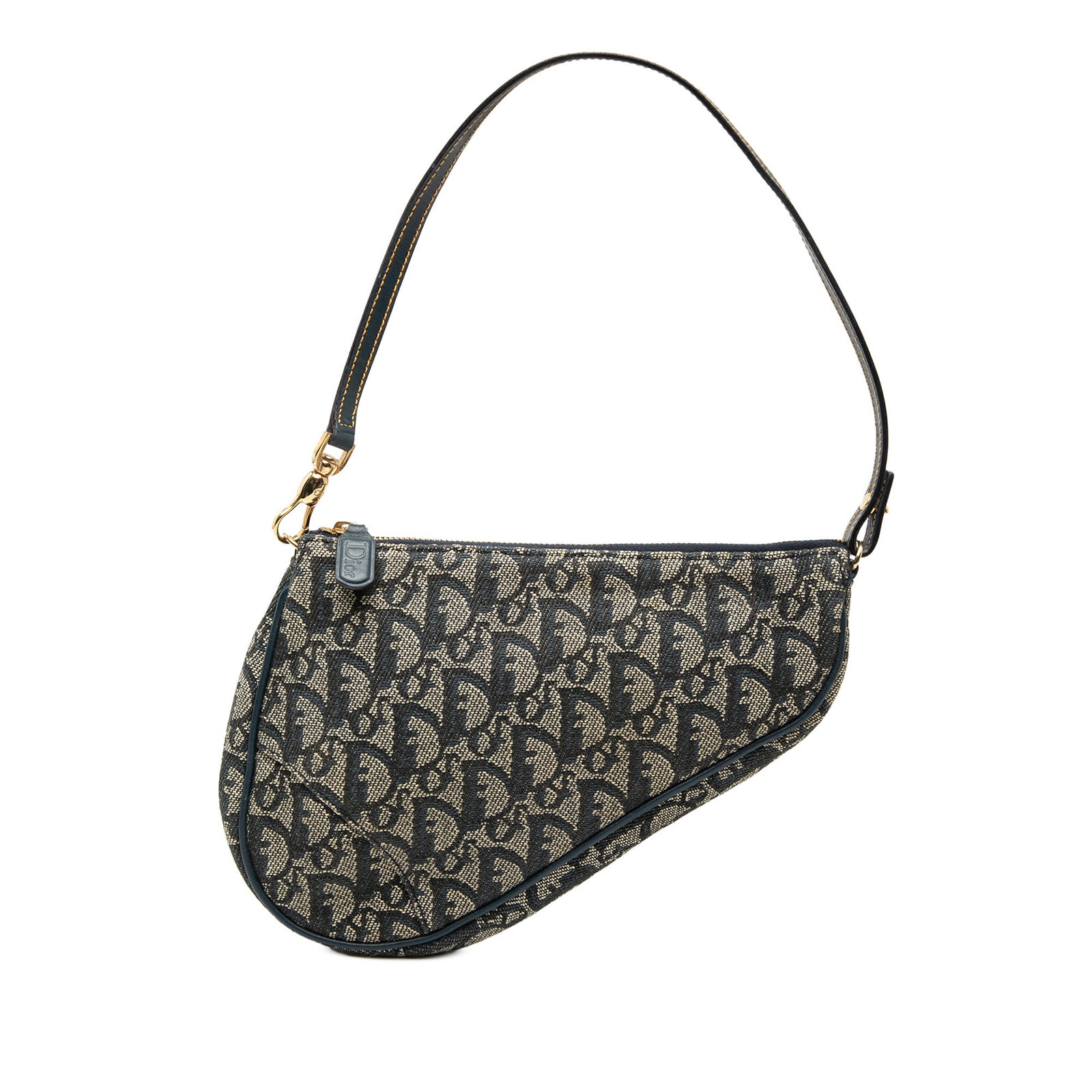 Dior Mini Saddle Pochette Blue Canvas with Leather Handle: Dior Mini Saddle Pochette Blue Canvas with Leather Handle This Mini Diorissimo Canvas Saddle Pochette features a blue canvas body, a flat leather handle, and a top zip closure. The bag shows visible s