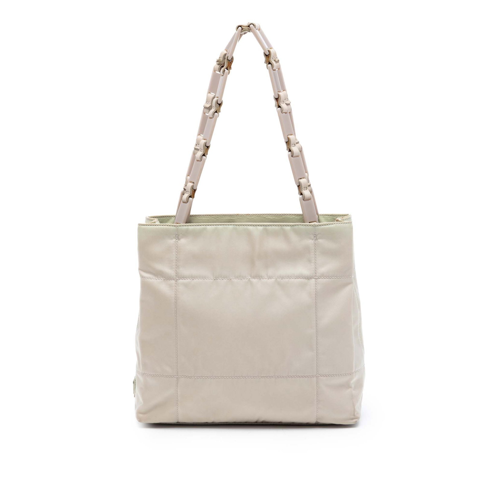 Prada Tessuto nylon shoulder bag with chain straps: Prada Tessuto nylon shoulder bag with chain straps This Prada Tessuto Chain Shoulder Bag is crafted from beige nylon fabric and features distinctive plastic chain straps. The bag offers an open top de