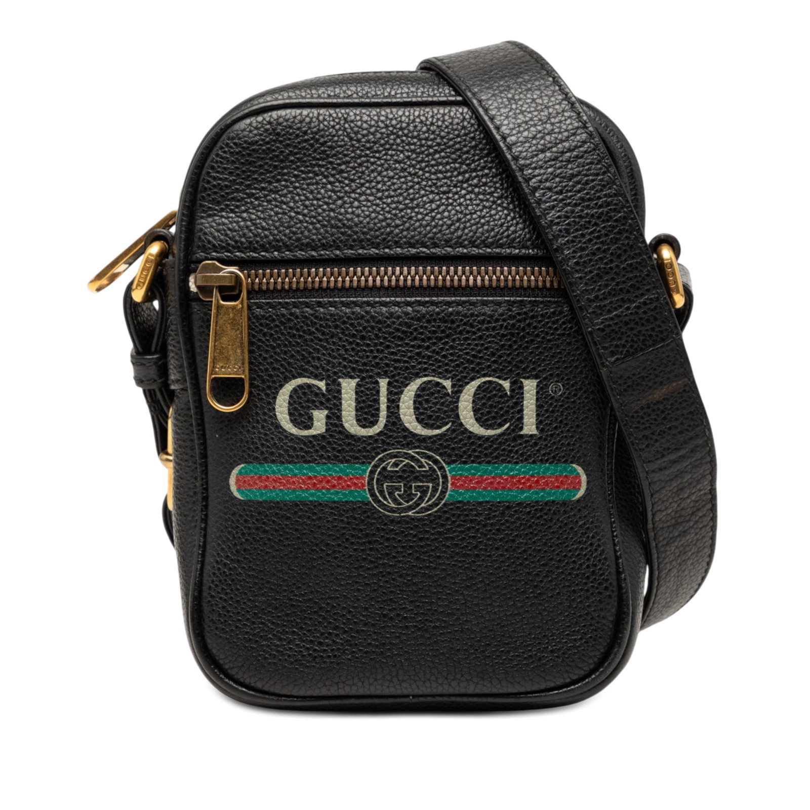 Gucci Mini Logo Crossbody Bag Black Grained Calfskin Leather: Gucci Mini Logo Crossbody Bag Black Grained Calfskin Leather This Gucci Mini Grained Calfskin Logo Crossbody is a black leather crossbody bag made in Italy. It features a leather body, an adjustable f