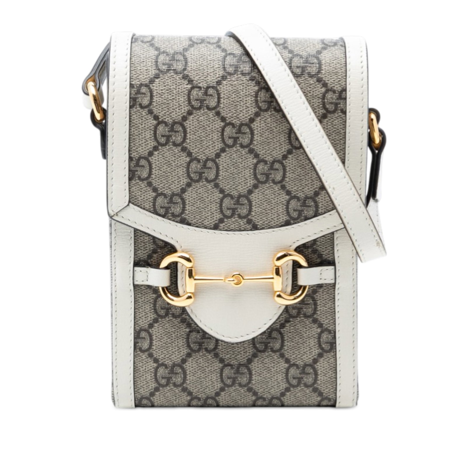 Gucci Horsebit 1955 Mini GG Supreme Crossbody Bag: Gucci Horsebit 1955 Mini GG Supreme Crossbody Bag This Gucci Mini GG Supreme Horsebit 1955 Crossbody bag features a coated canvas body with a beige GG Supreme pattern, a flat leather shoulder strap, a