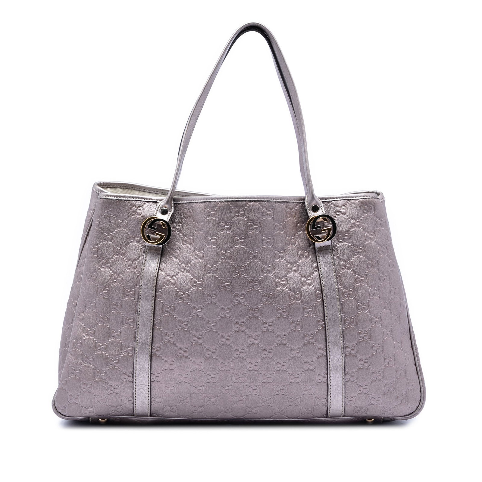 Gucci Guccissima Metallic Purple Leather Twins Tote Shoulder Bag: Gucci Guccissima Metallic Purple Leather Twins Tote Shoulder Bag This Gucci Large Metallic Guccissima Twins Tote features an embossed metallic leather exterior in purple, flat leather handles, an open