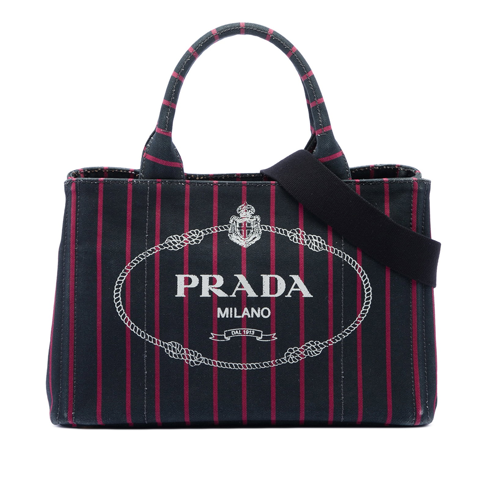 Prada Canapa Logo Stripes Small Canvas Tote Bag Black: Prada Canapa Logo Stripes Small Canvas Tote Bag Black This Prada Small Canvas Canapa Logo Stripes Tote is a black fabric satchel with a canvas body, rolled canvas handles, and a detachable flat strap.
