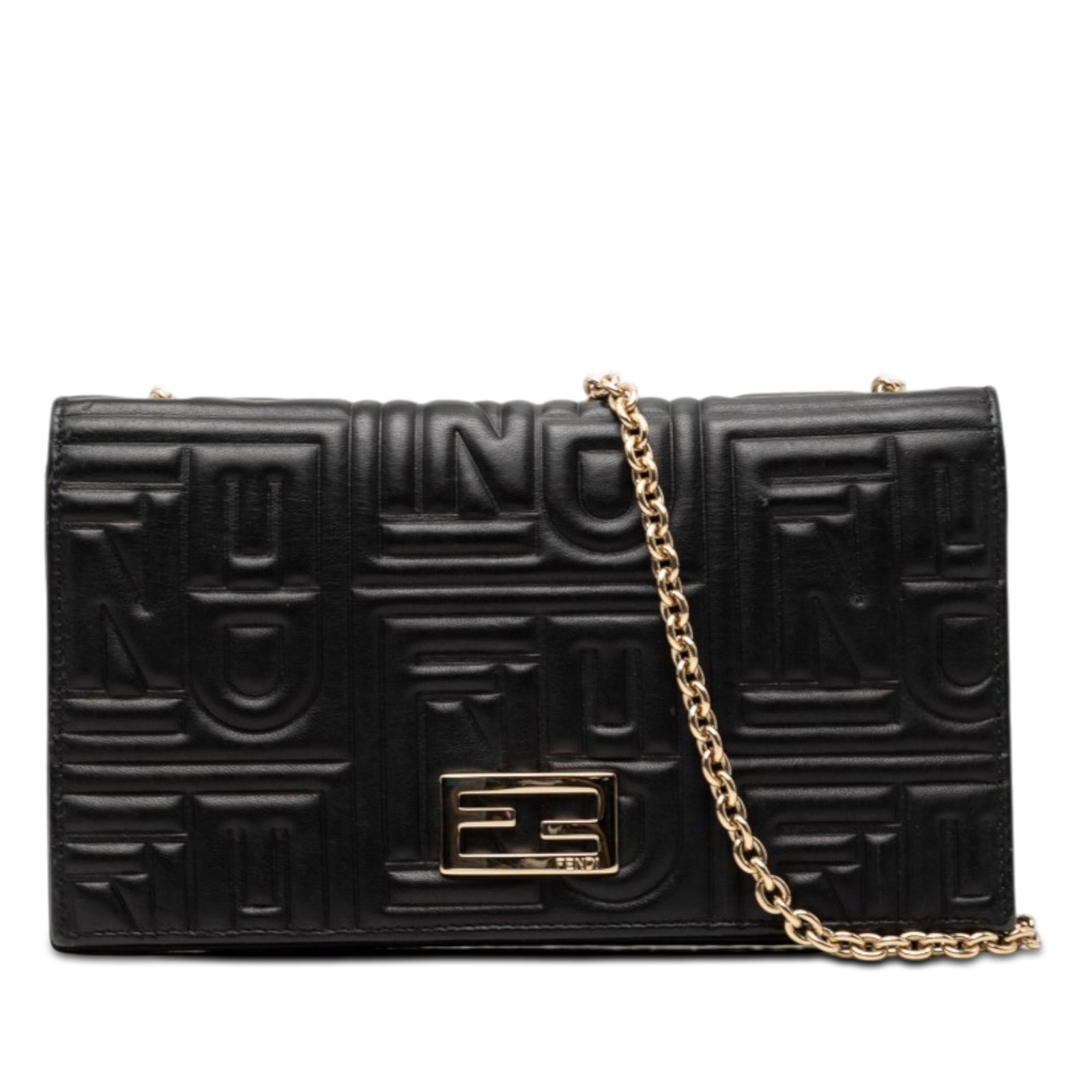 Fendi Embossed Nappa Logo Leather Crossbody Bag: Fendi Embossed Nappa Logo Leather Crossbody Bag A Fendi crossbody clutch crafted in black embossed leather with a chain link strap, flap with snap closure, and interior slip and flap pockets. Made in 