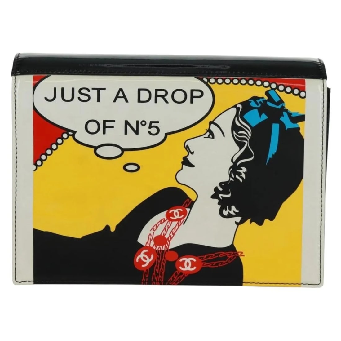 Patent Leather Multicolor Just a Drop of No.5 Comic Coco Chanel Clutch: Patent Leather Multicolor Just a Drop of No.5 Comic Coco Chanel Clutch The Chanel Just a Drop of No.5 Comic Coco Clutch features a multicolored design crafted in patent leather. This clutch is designe