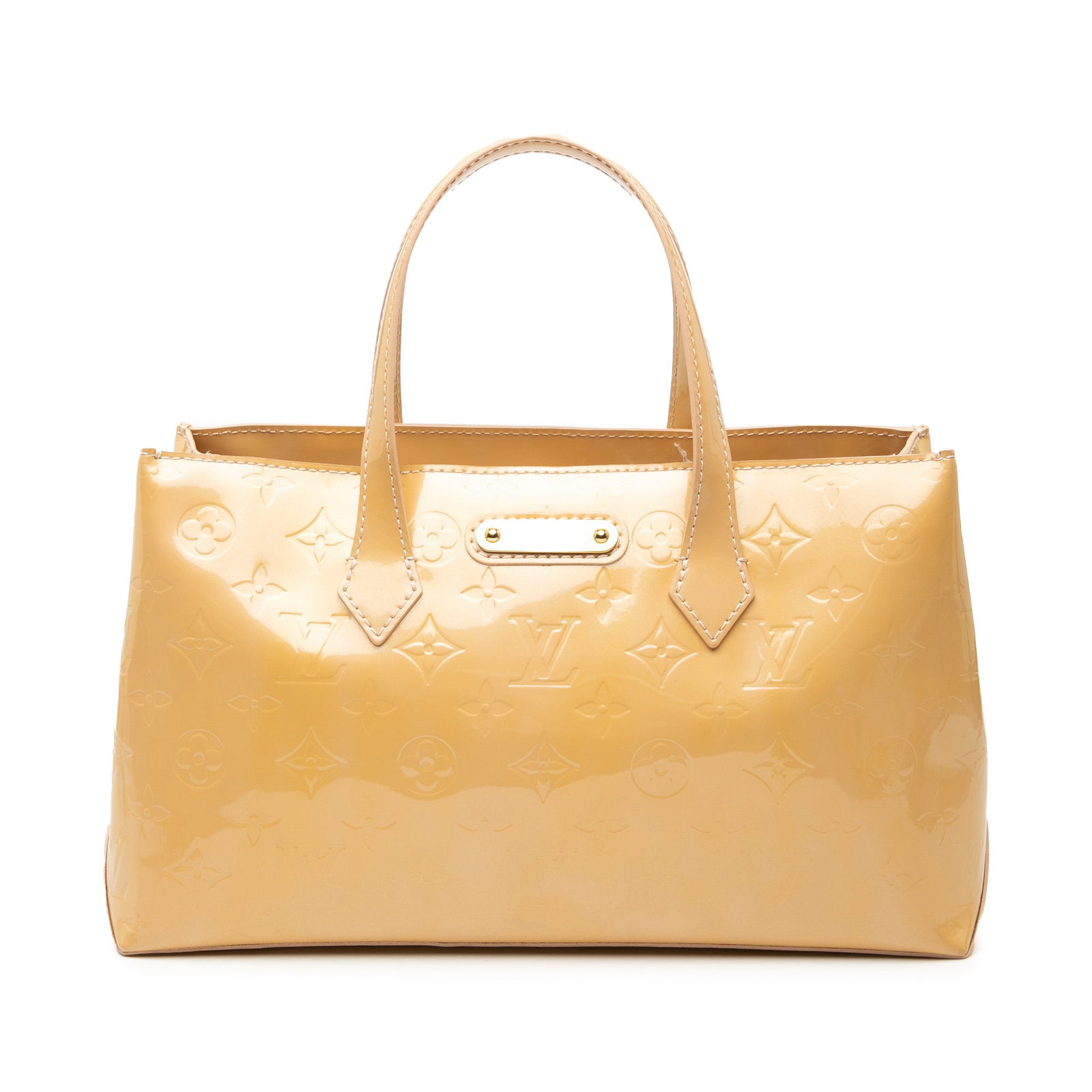 Louis Vuitton Wilshire PM Beige Vernis Leather Tote Handbag: Louis Vuitton Wilshire PM Beige Vernis Leather Tote Handbag The Louis Vuitton Monogram Vernis Wilshire PM is crafted in monogram vernis leather with a beige color. It features flat leather handles, an
