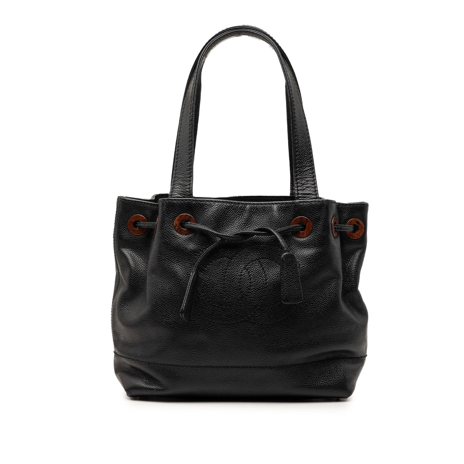 Chanel caviar leather drawstring tote bag: Chanel caviar leather drawstring tote bag This Chanel CC Caviar Drawstring Tote is crafted from caviar leather in black and features flat leather handles, an open top with a drawstring closure, and an