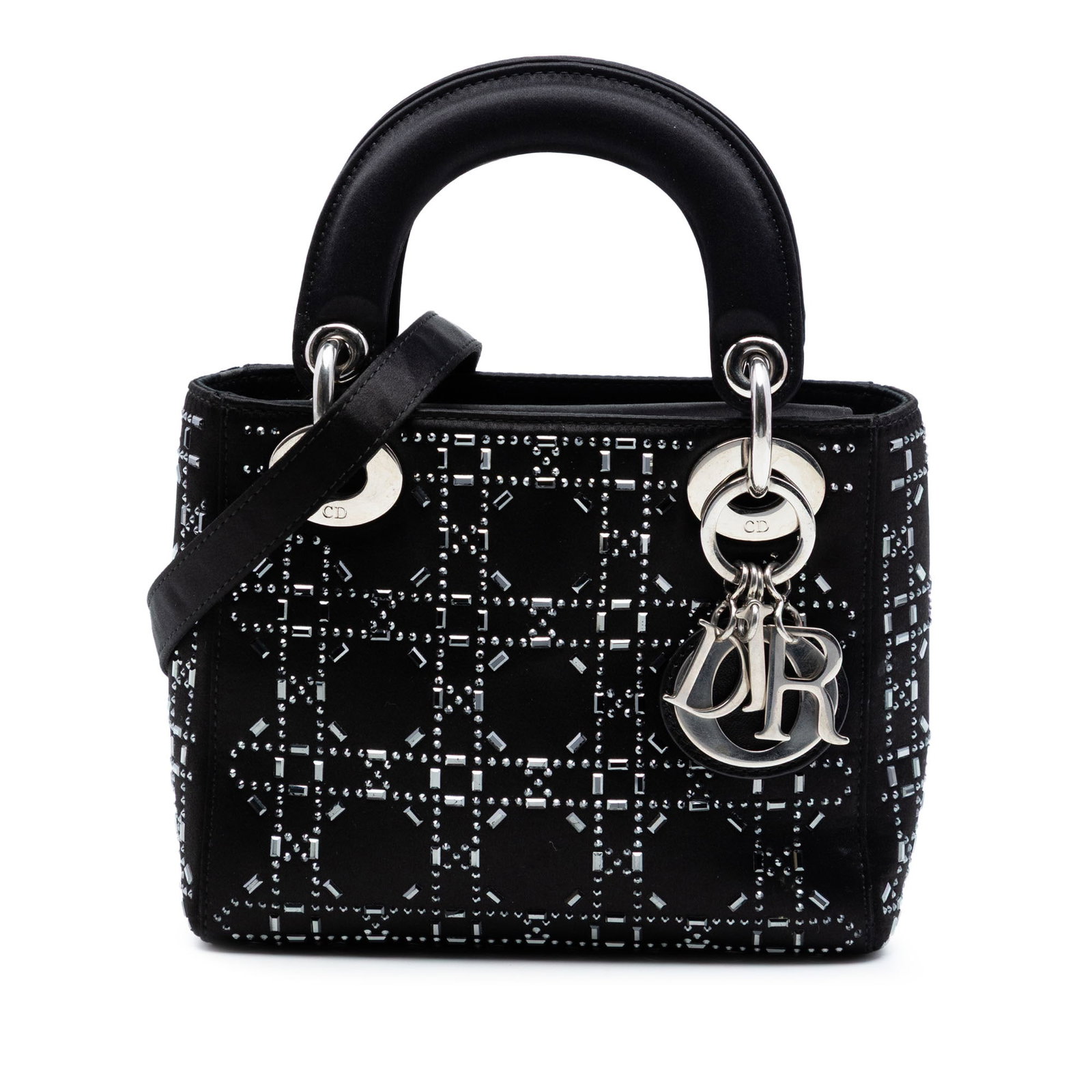Dior Mini Satin Cannage Crystal Lady Bag: Dior Mini Satin Cannage Crystal Lady Bag This Mini Satin Cannage Crystal Embellished Lady Dior bag features a black satin body adorned with crystal embellishments, flat satin handles, and a detachable