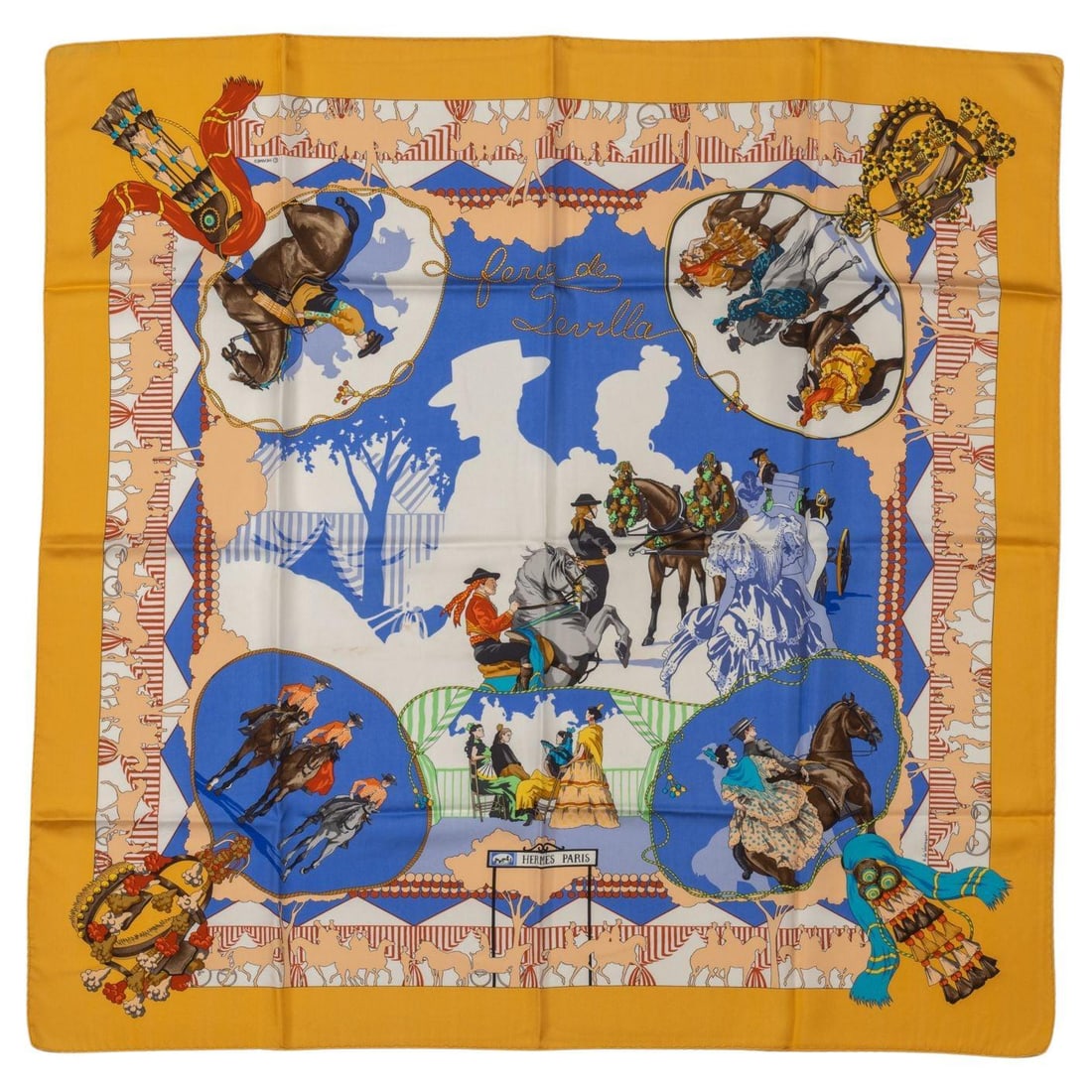 Hermes Feria de Sevilla Yellow Silk Scarf 35x35 Hand-Rolled Edges: Hermes Feria de Sevilla Yellow Silk Scarf 35x35 Hand-Rolled Edges Elevate your accessory collection with this exquisite Hermes "Feria de Sevilla" silk square scarf. Featuring a vibrant yellow hue, thi