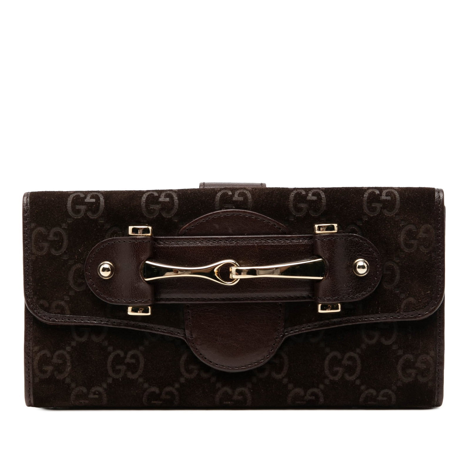 Gucci Pelham Continental Long Wallet Brown Suede Leather: Gucci Pelham Continental Long Wallet Brown Suede Leather This Gucci GG Suede Pelham Continental Long Wallet features a brown suede body accented with calf leather trim. The design includes a front fla