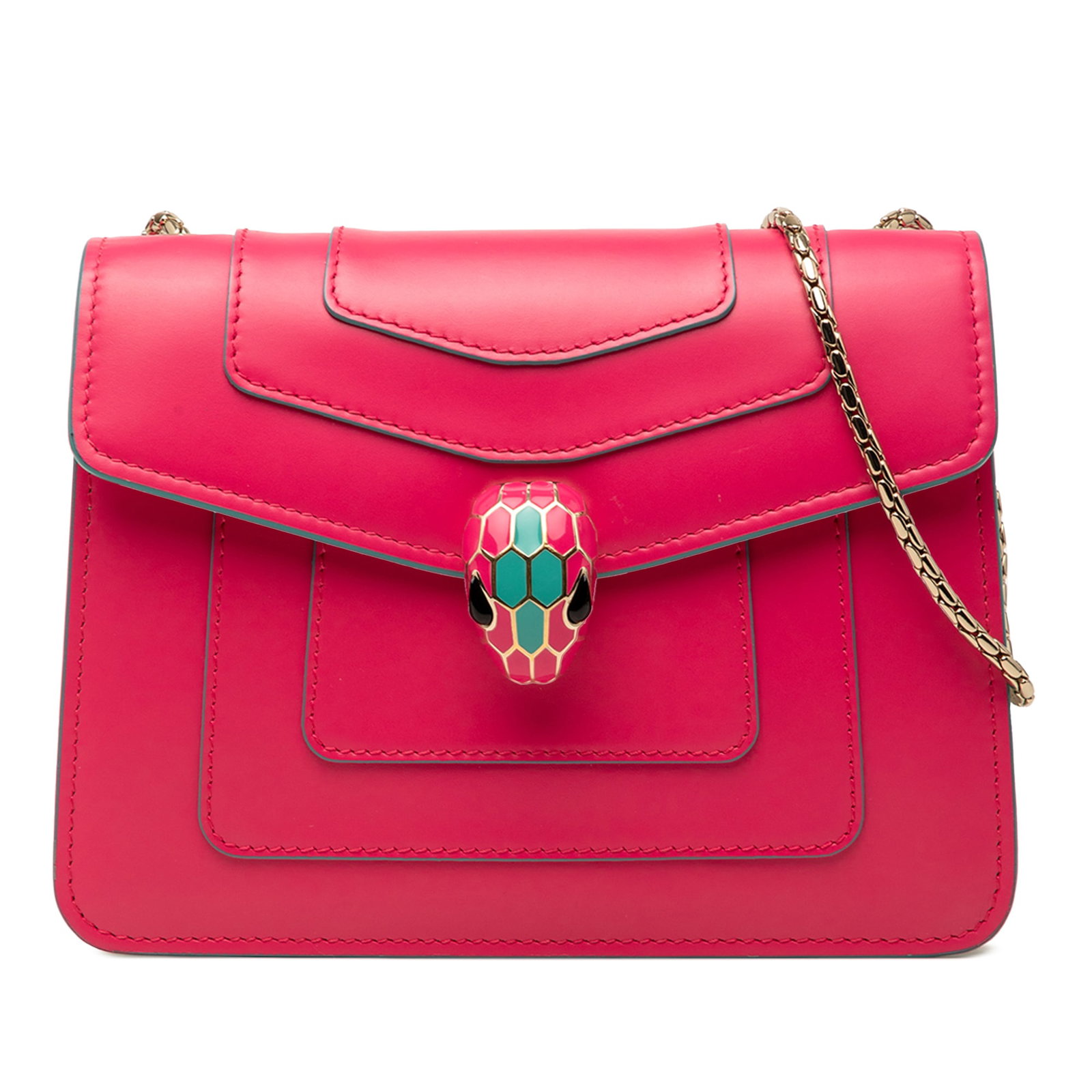 Bvlgari Serpenti Forever small leather wallet on chain pink: Bvlgari Serpenti Forever small leather wallet on chain pink A Bvlgari Serpenti Forever small square chain crossbody in pink leather. This bag features the signature Serpenti adornment, a front flap wi