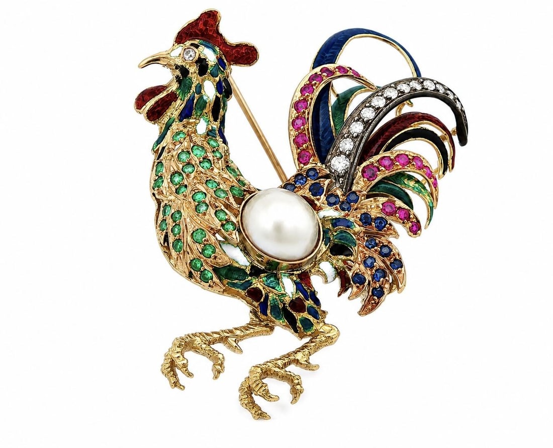 Spritzer Fuhrmann rooster brooch 18k yellow gold enamel gemstones pearl: Spritzer Fuhrmann rooster brooch 18k yellow gold enamel gemstones pearl This striking rooster brooch features a vibrant combination of natural gemstones, including emerald, ruby, sapphire, and diamond