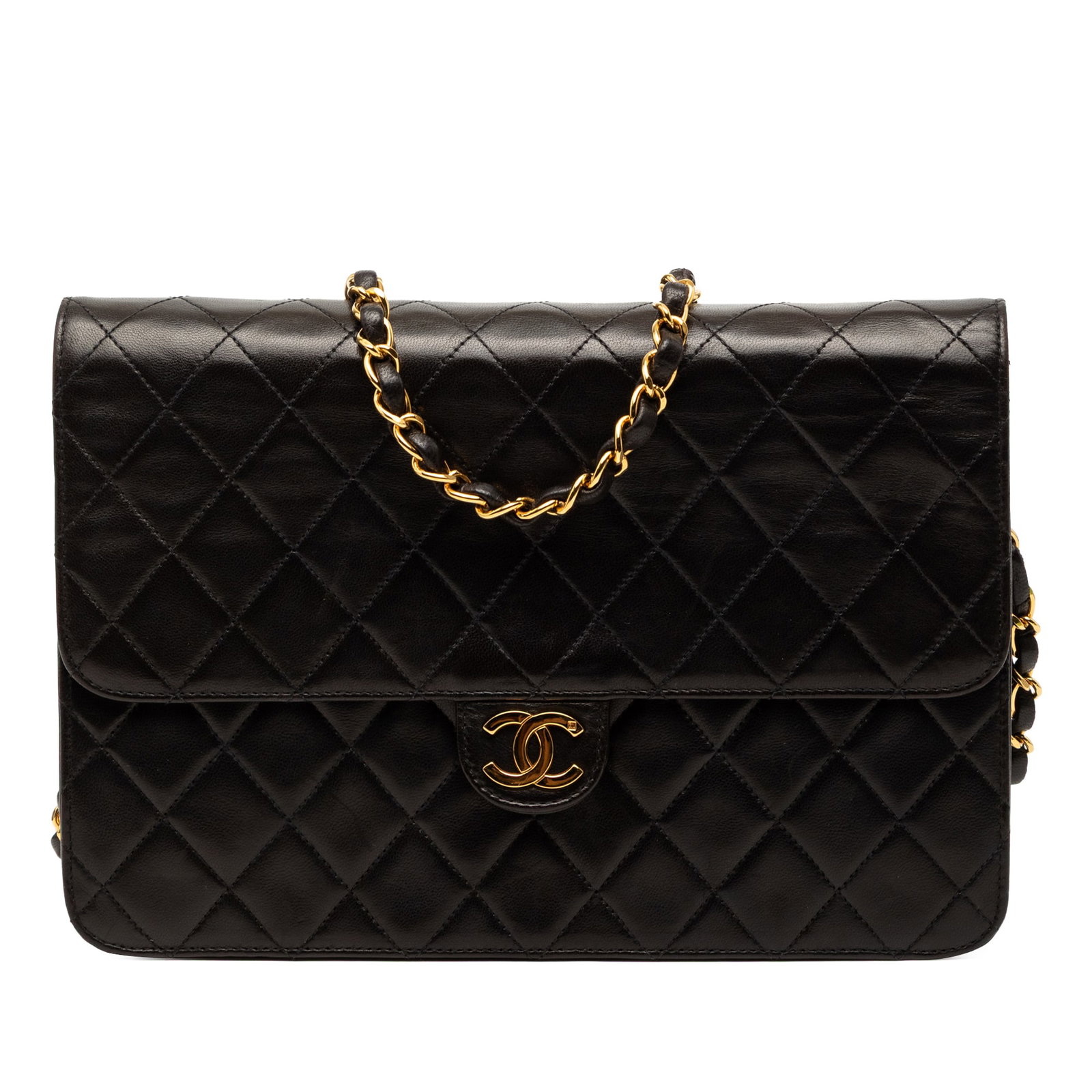 Chanel Black Quilted Lambskin Crossbody with CC Turn Lock Flap: Chanel Black Quilted Lambskin Crossbody with CC Turn Lock Flap This Chanel Medium CC Quilted Lambskin Single Flap crossbody bag features a quilted lambskin leather body, a leather-woven chain strap, a