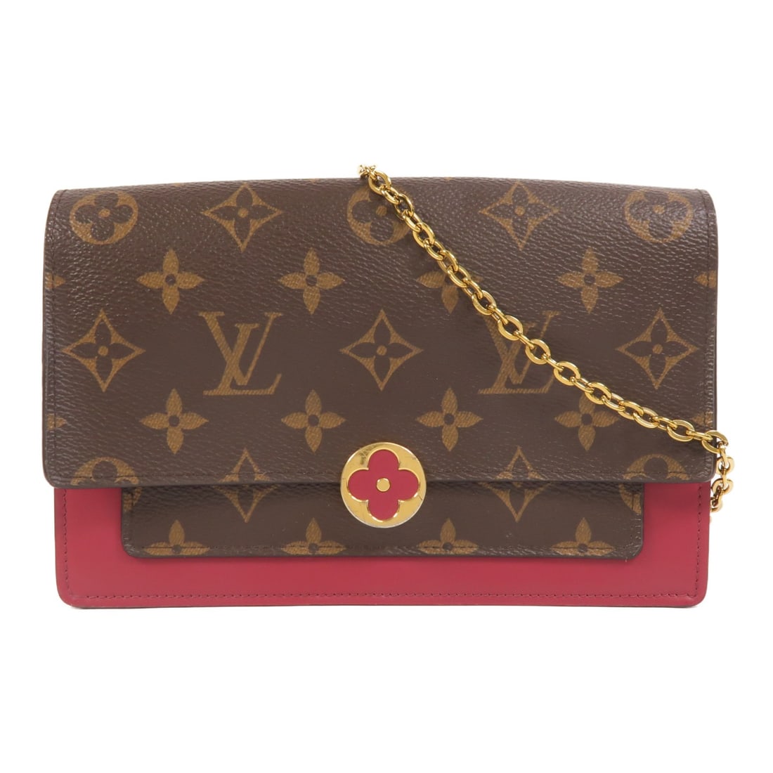 Louis Vuitton Portefeuille Flore Chain Shoulder Bag Monogram M69578: Louis Vuitton Portefeuille Flore Chain Shoulder Bag Monogram M69578 Louis Vuitton Portefeuille Flore Chain Shoulder Bag, model M69578, in brown with brown/red accents. It is made from Monogram and PVC