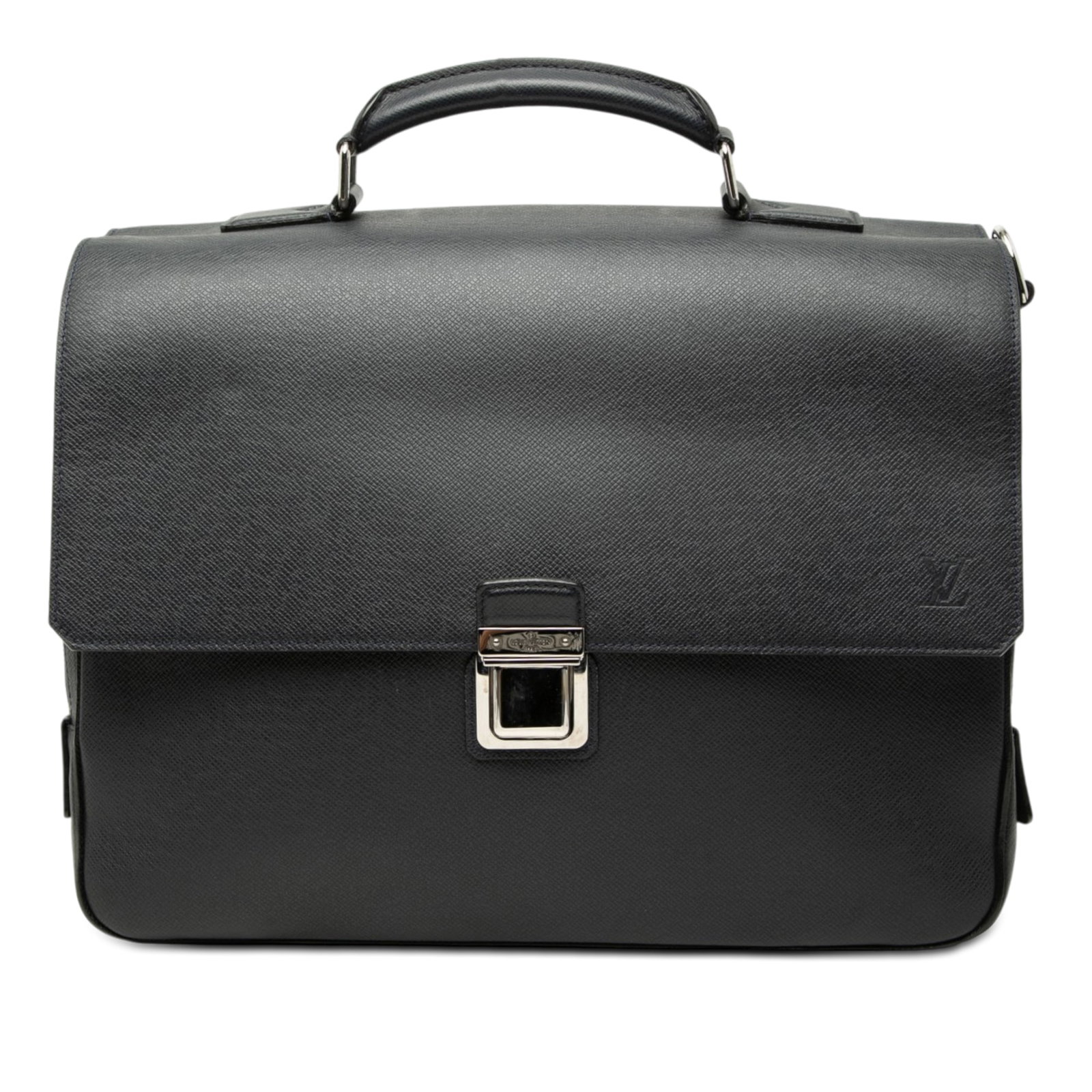 Louis Vuitton Vassili PM Taiga Leather Briefcase Black: Louis Vuitton Vassili PM Taiga Leather Briefcase Black Louis Vuitton Taiga Vassili PM bag in black taiga leather, made in France. It features a flat top handle, front flap with push lock closure, a ba