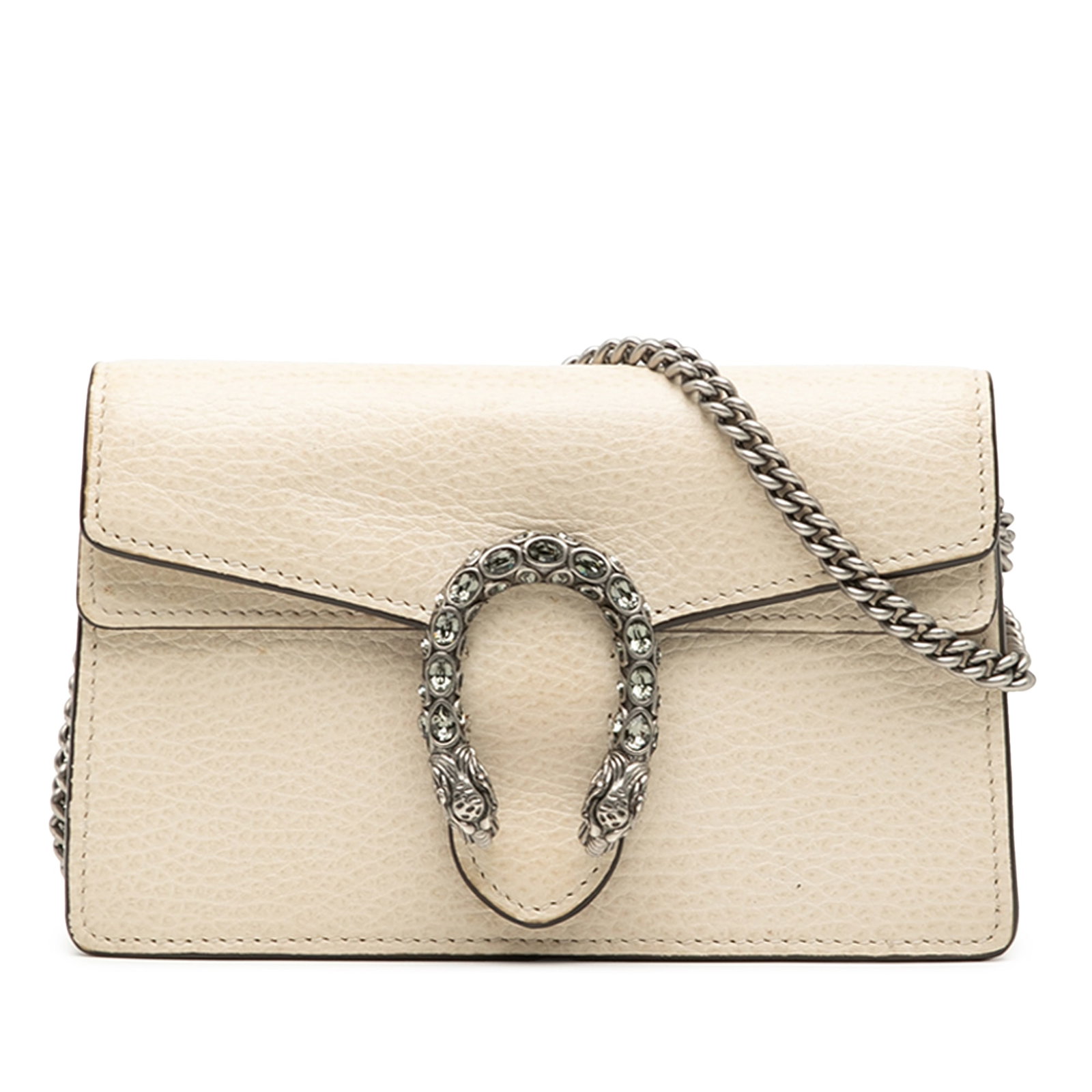 Gucci Mini Dionysus White Leather Chain Strap Crossbody Bag: Gucci Mini Dionysus White Leather Chain Strap Crossbody Bag This Gucci Mini Dionysus Leather Crossbody features a white leather body with a chain shoulder strap and a flap with snap closure. The exter