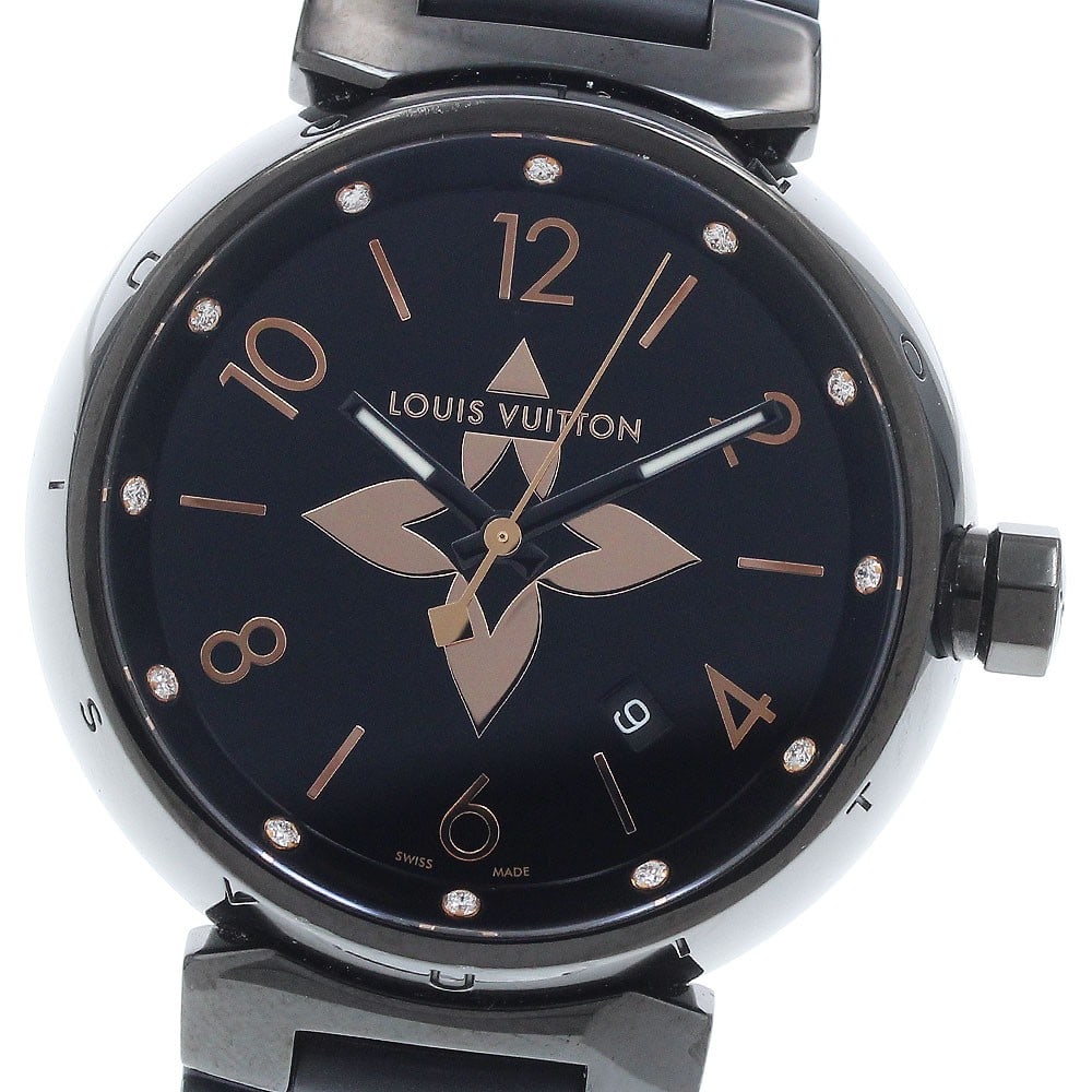 Louis Vuitton QA049 Tambour GM men's quartz watch with date 12P diamonds: Louis Vuitton QA049 Tambour GM men's quartz watch with date 12P diamonds This pre-owned Louis Vuitton Tambour All Black GM men's wristwatch features a black dial with date function and a quartz moveme