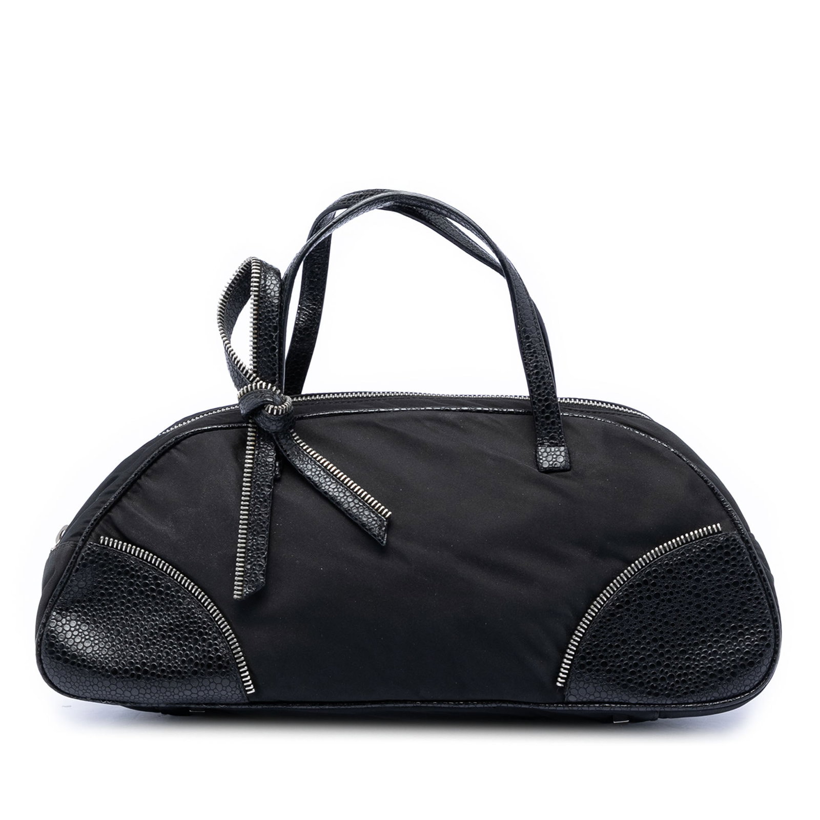 Black Dior Bow Accent Handbag in Nylon and Calfskin Leather: Black Dior Bow Accent Handbag in Nylon and Calfskin Leather This Dior handbag features a black nylon body with calfskin leather trim and flat leather handles. It includes a top zip closure and an inte