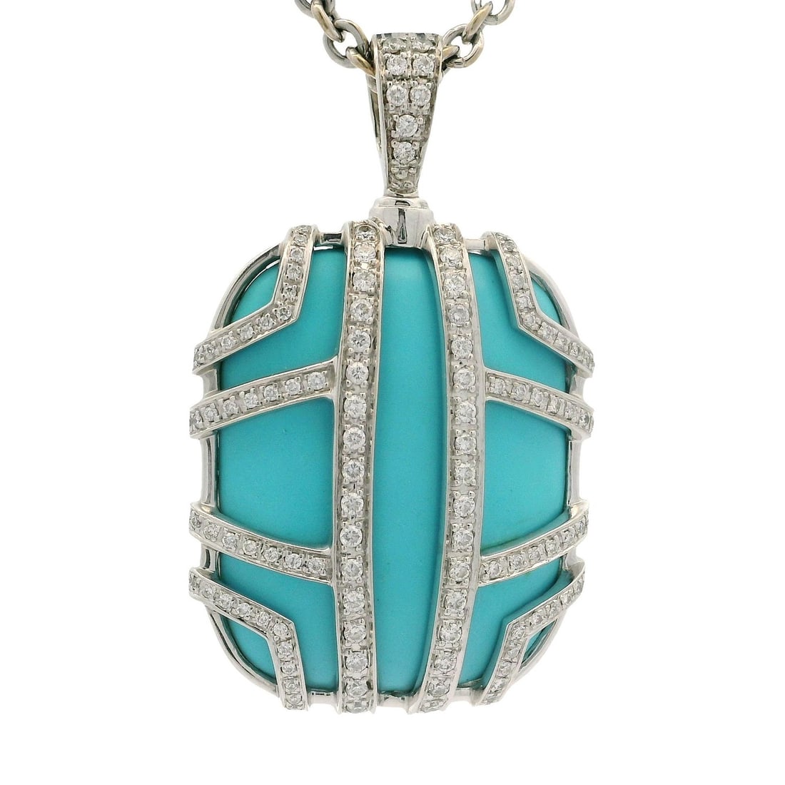 Di Modolo 18k White Gold Turquoise Diamond Pendant Necklace 16": Di Modolo 18k White Gold Turquoise Diamond Pendant Necklace 16" This exquisite Di Modolo Favola necklace features a stunning large cushion-cut turquoise pendant, measuring approximately 28.9x23.2mm, i