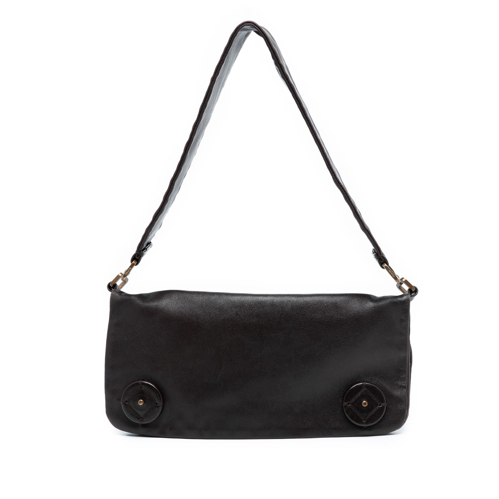 Brown Prada Fold Over Leather Shoulder Bag with Zip Closure: Brown Prada Fold Over Leather Shoulder Bag with Zip Closure This Prada shoulder bag is crafted from brown leather and features a flat leather shoulder strap, a zip closure with snap, a fold-over flap,