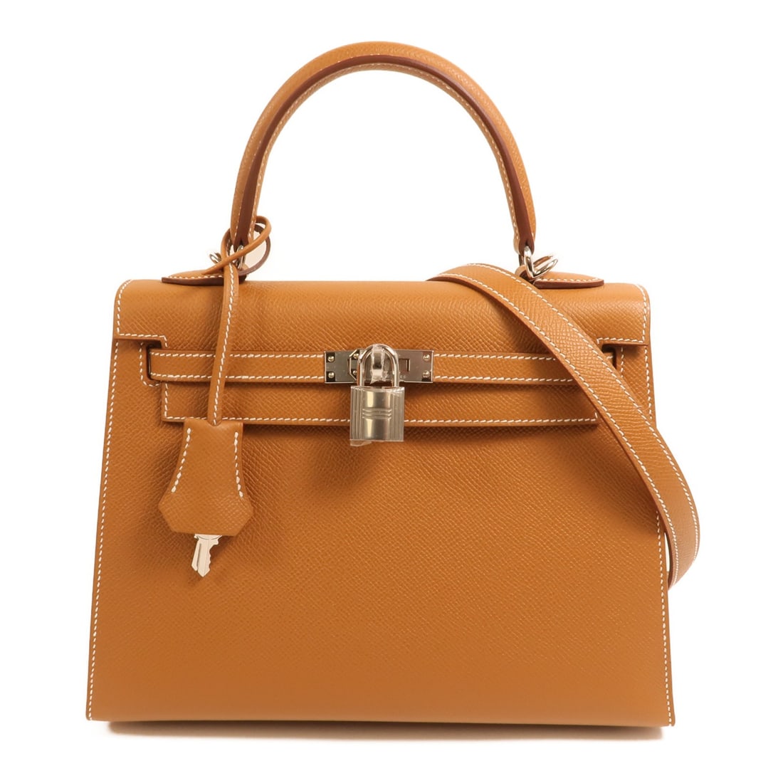 Hermes Kelly 25 Epsom Calfskin Shoulder Bag Gold PHW: Hermes Kelly 25 Epsom Calfskin Shoulder Bag Gold PHW A Hermes Kelly 25 2 Way Shoulder Bag in Gold x Brown x Gold, crafted from Epsom and calfskin (cowhide). It features a turn lock closure, one open i