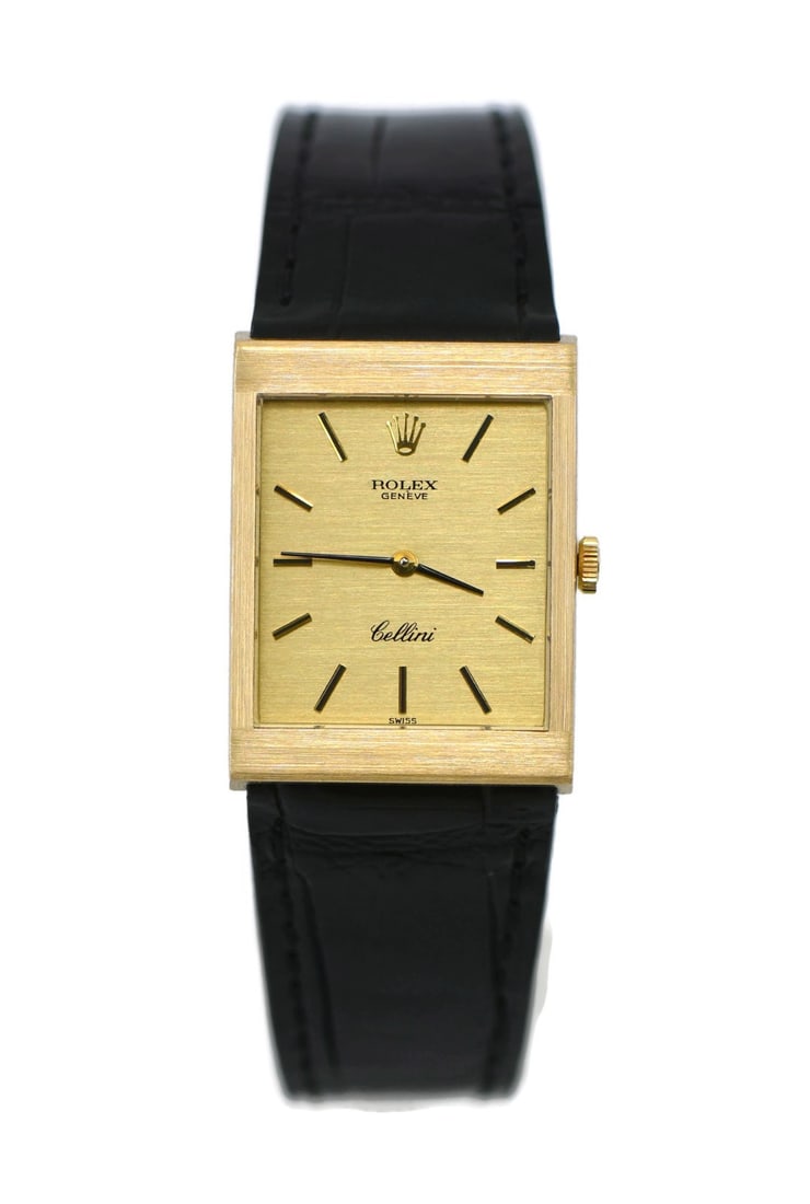 Rolex Cellini 18K Yellow Gold Manual Wristwatch 4014 With Box: Rolex Cellini 18K Yellow Gold Manual Wristwatch 4014 With Box This Rolex Cellini wristwatch features a classic 18K yellow gold case with a polished finish, paired with a black leather two-piece strap.