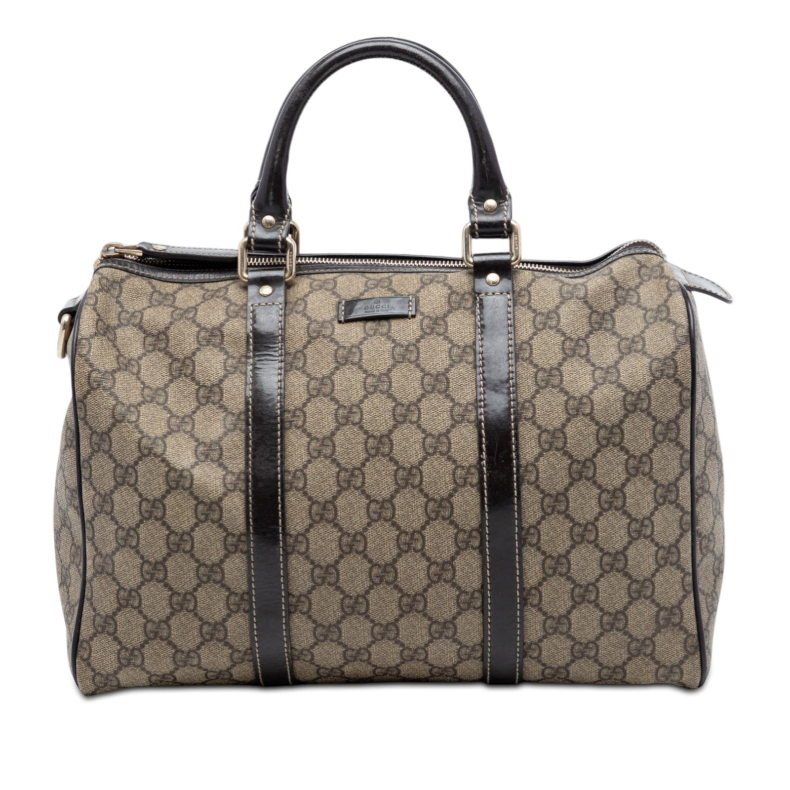Gucci Joy Boston Medium GG Supreme Canvas Bag with Leather Trim: Gucci Joy Boston Medium GG Supreme Canvas Bag with Leather Trim The Gucci Medium GG Supreme Joy Boston Bag features a coated canvas body with leather trim, rolled leather handles, a top zip closure, a