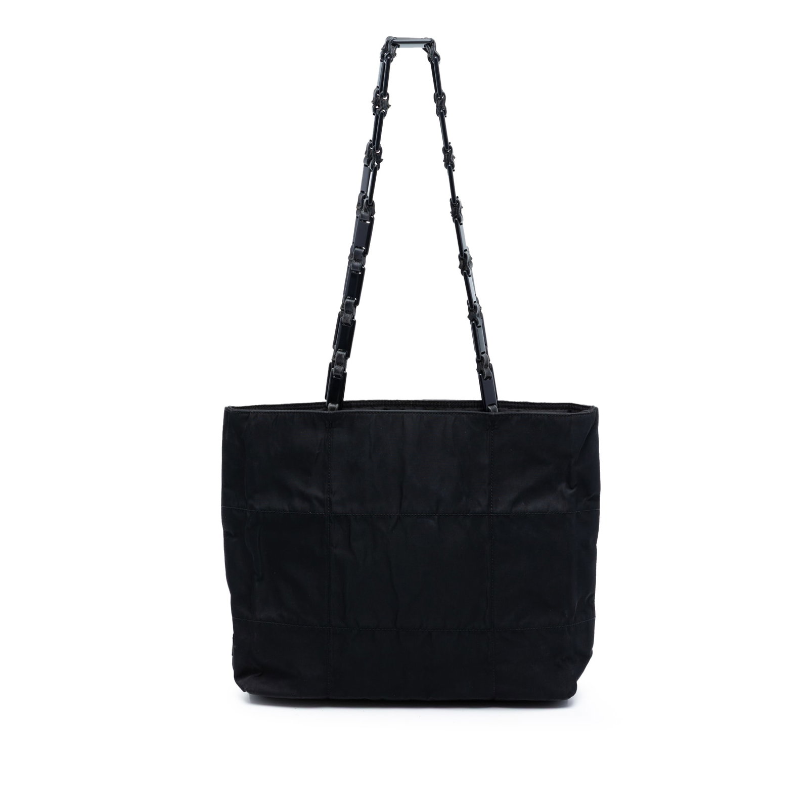 Prada Tessuto Black Nylon Tote with Chain Strap and Zip Compartments: Prada Tessuto Black Nylon Tote with Chain Strap and Zip Compartments This Prada Tessuto Chain Shoulder Bag features a black nylon body with plastic chain straps, an open top, an interior zip compartme