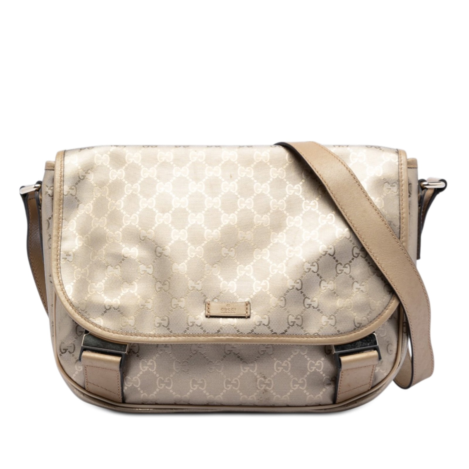Gucci GG Imprime Gold Canvas Crossbody Bag: Gucci GG Imprime Gold Canvas Crossbody Bag This Gucci GG Imprime Crossbody bag features a coated canvas body with leather trim, an adjustable flat canvas strap, and a flap closure with dual buckles. T