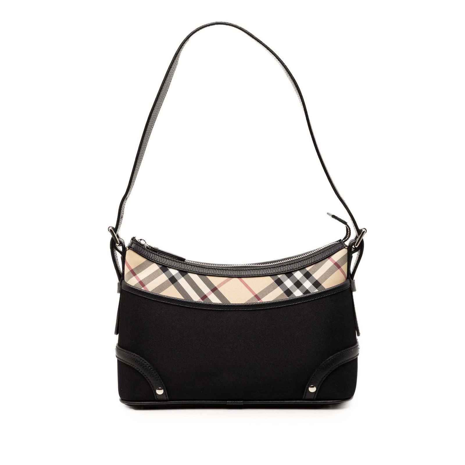 Burberry black canvas shoulder bag Nova Check trim: Burberry black canvas shoulder bag Nova Check trim This Burberry Nova Check Trimmed Canvas Shoulder Bag features a canvas body with leather trim, a flat leather strap, a top zip closure, and both inte