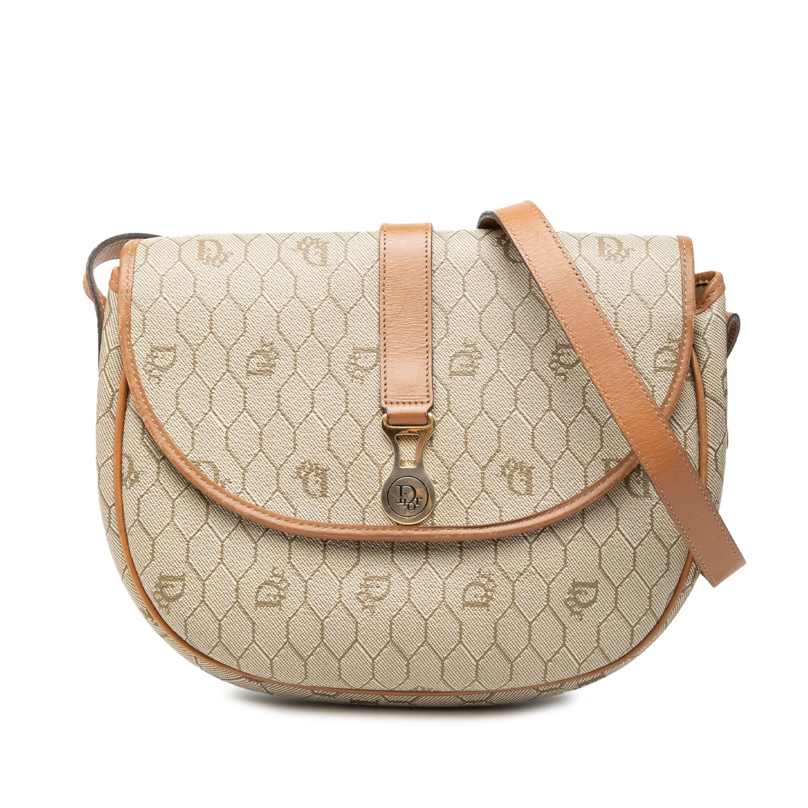 Dior Honeycomb Crossbody Bag in Coated Canvas: Dior Honeycomb Crossbody Bag in Coated Canvas Dior Honeycomb coated canvas crossbody bag with leather trim, a flat leather strap, a front flap with magnetic snap button closure, and an interior slip p