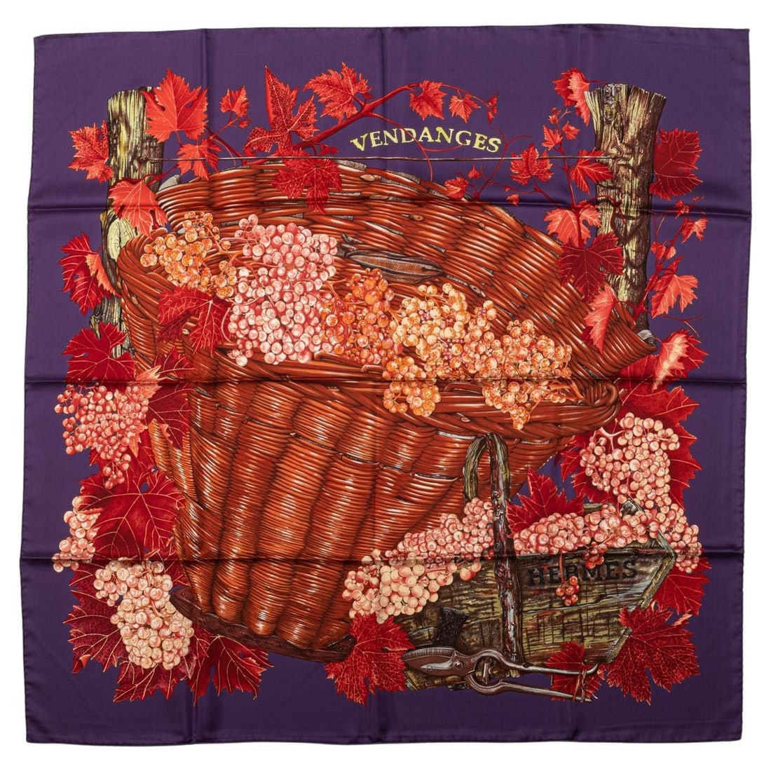 Hermes Vendanges Red Purple Silk Scarf 35 in Hand Rolled Edges: Hermes Vendanges Red Purple Silk Scarf 35 in Hand Rolled Edges Experience luxury with this exquisite Hermes "Vendanges" silk scarf, showcasing a stunning red and purple color combination. Measuring 35