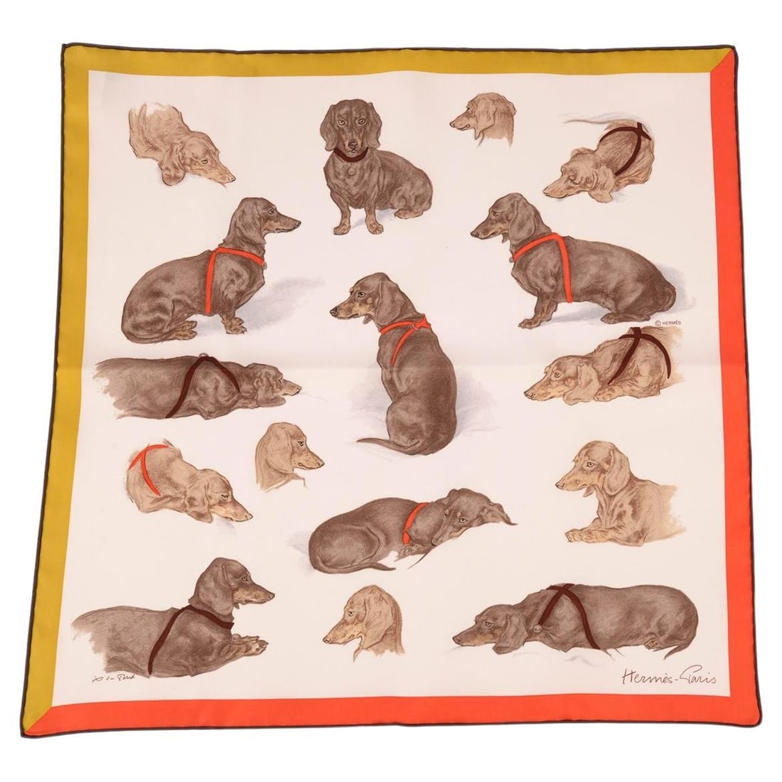 Hermes Les Bassets 17 in Silk Gavroche Scarf: Hermes Les Bassets 17 in Silk Gavroche Scarf This Hermes "Les Bassets" Gavroche scarf is crafted from 100% silk and features hand-rolled edges. Designed by Xavier de Poret, it showcases detailed sketc