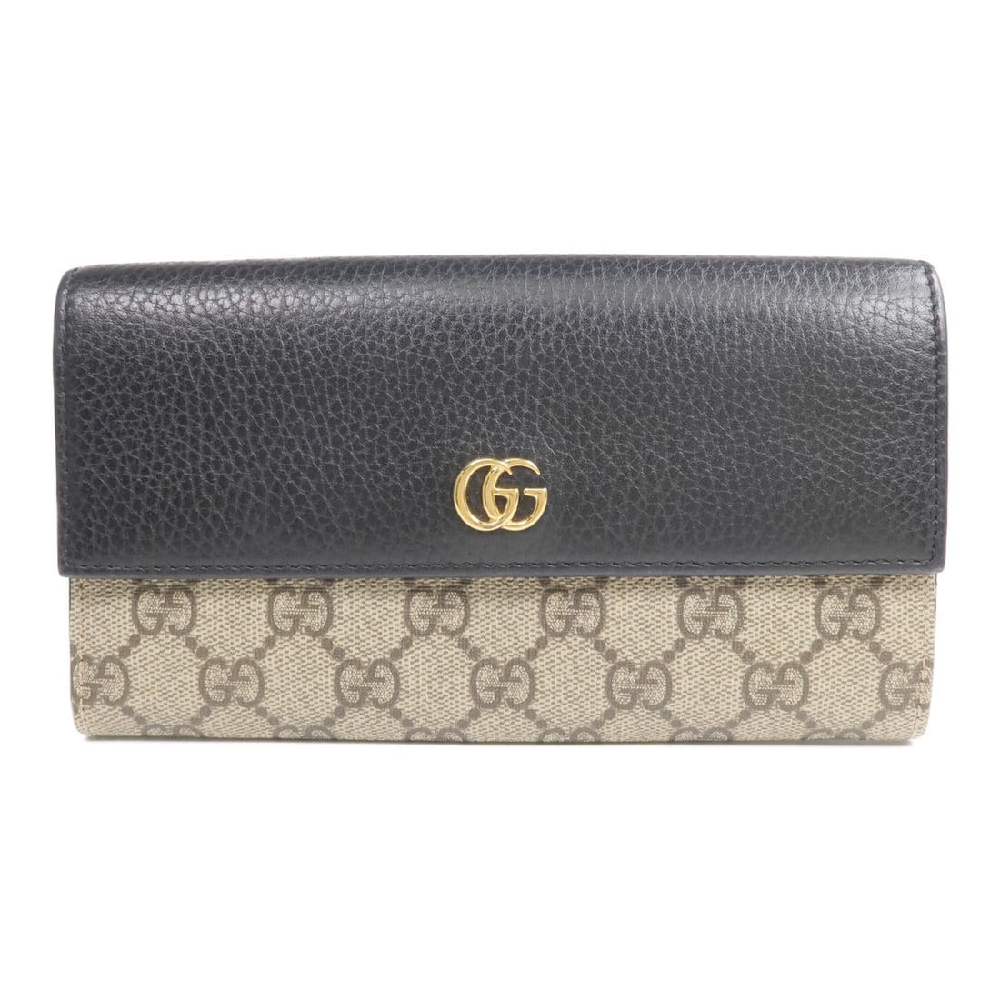 GUCCI 456116 GG bifold wallet black brown coated canvas leather: GUCCI 456116 GG bifold wallet black brown coated canvas leather A Gucci long bifold wallet in black and brown, made from PVC coated canvas with leather trim. It features a hook button closure, two wal