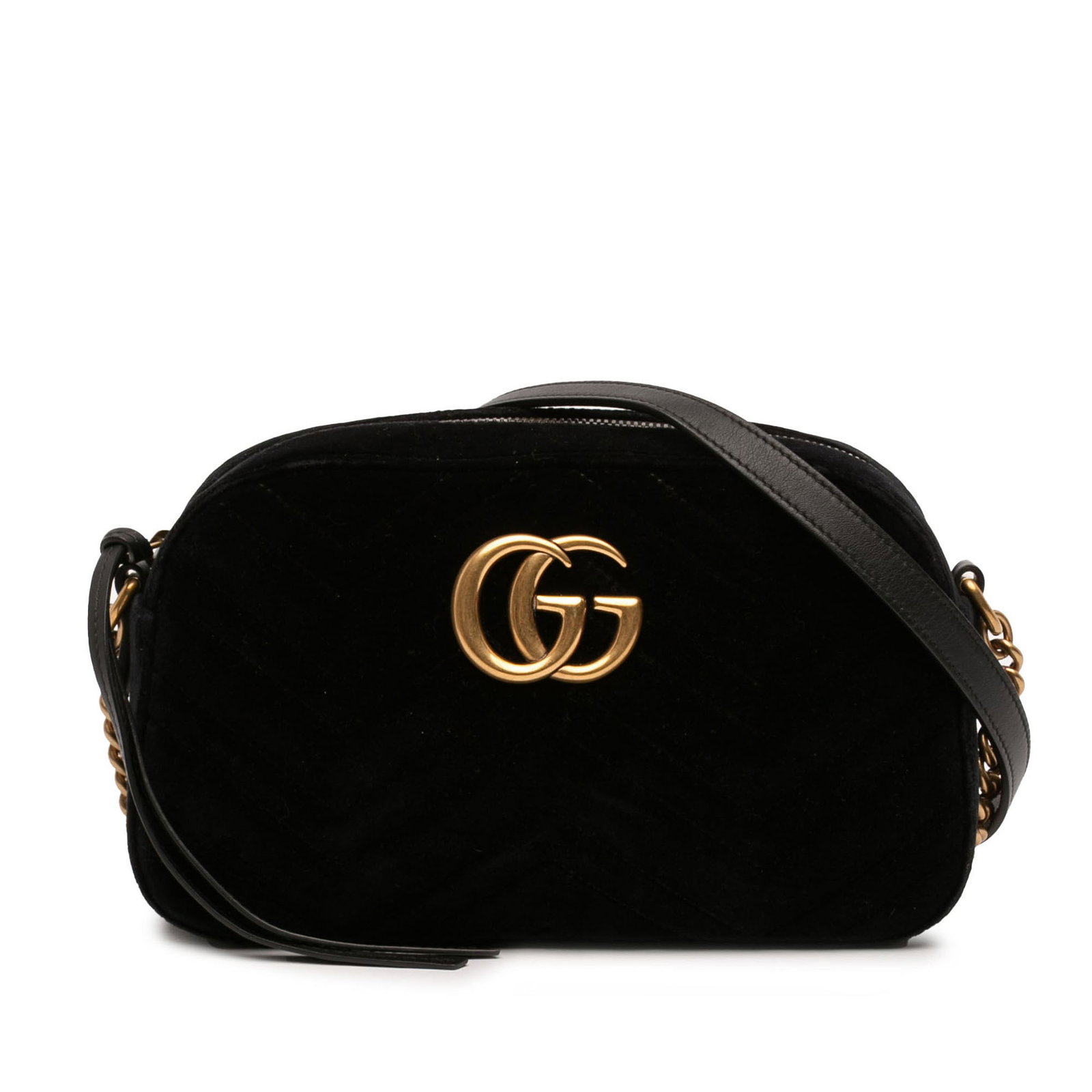 Gucci GG Marmont black velvet crossbody bag: Gucci GG Marmont black velvet crossbody bag This Gucci Small GG Marmont Matelasse Velvet Crossbody bag features a luxurious velvet body with a chain link and an adjustable flat leather strap for versa