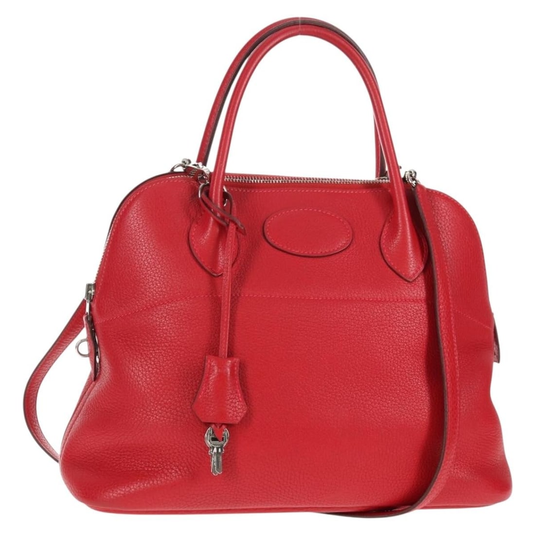 Hermes Bolide 31 Red Taurillon Leather Handbag with Strap and Lock: Hermes Bolide 31 Red Taurillon Leather Handbag with Strap and Lock Hermes Bolide 31 handbag in red leather with silver-tone hardware. It comes with a dust bag, padlock, two keys, clochette, and should