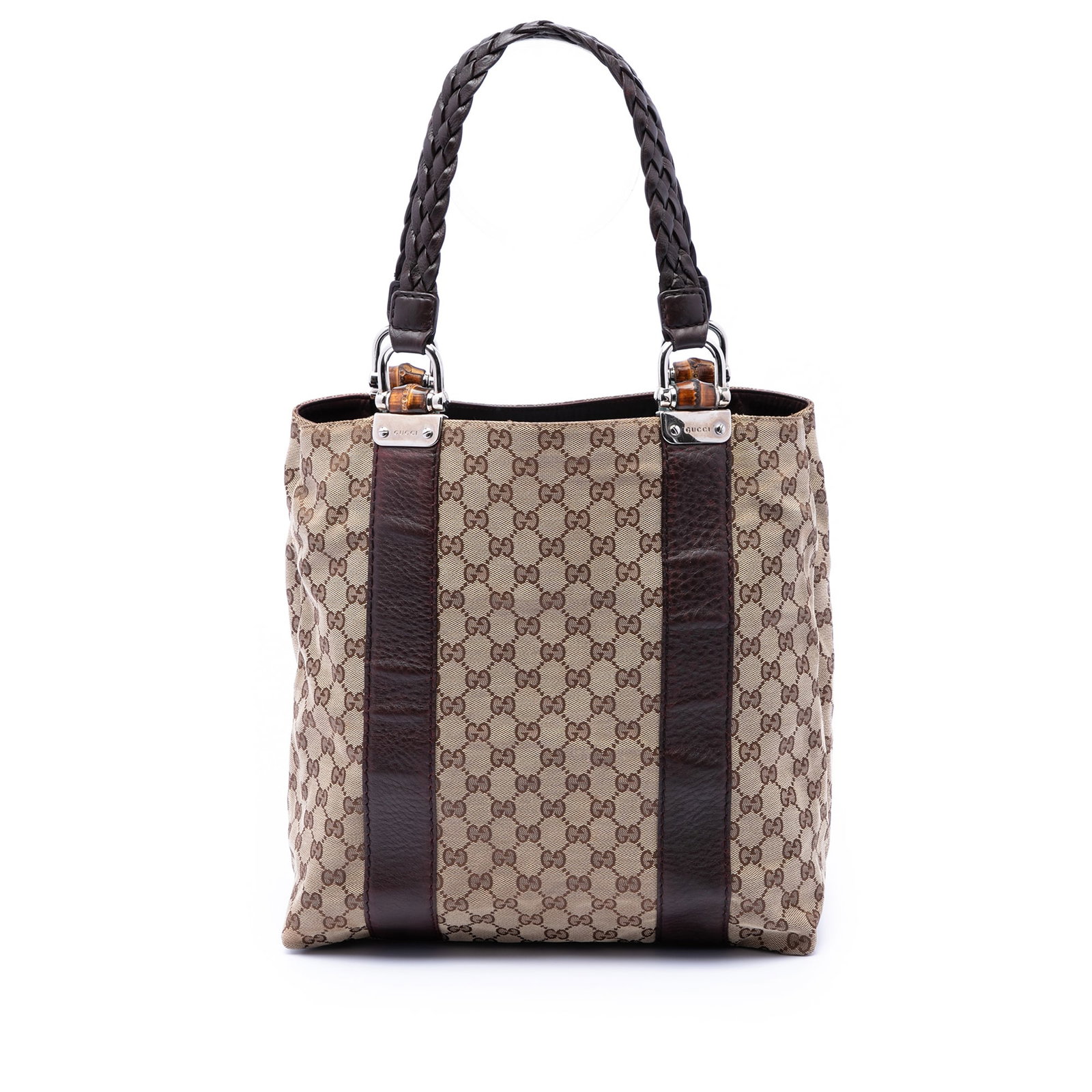Gucci Bamboo Libeccio Canvas Tote Bag: Gucci Bamboo Libeccio Canvas Tote Bag This Gucci Large GG Canvas Bamboo Libeccio Tote features a beige canvas body with leather trim and flat braided straps. The open top design provides easy access t