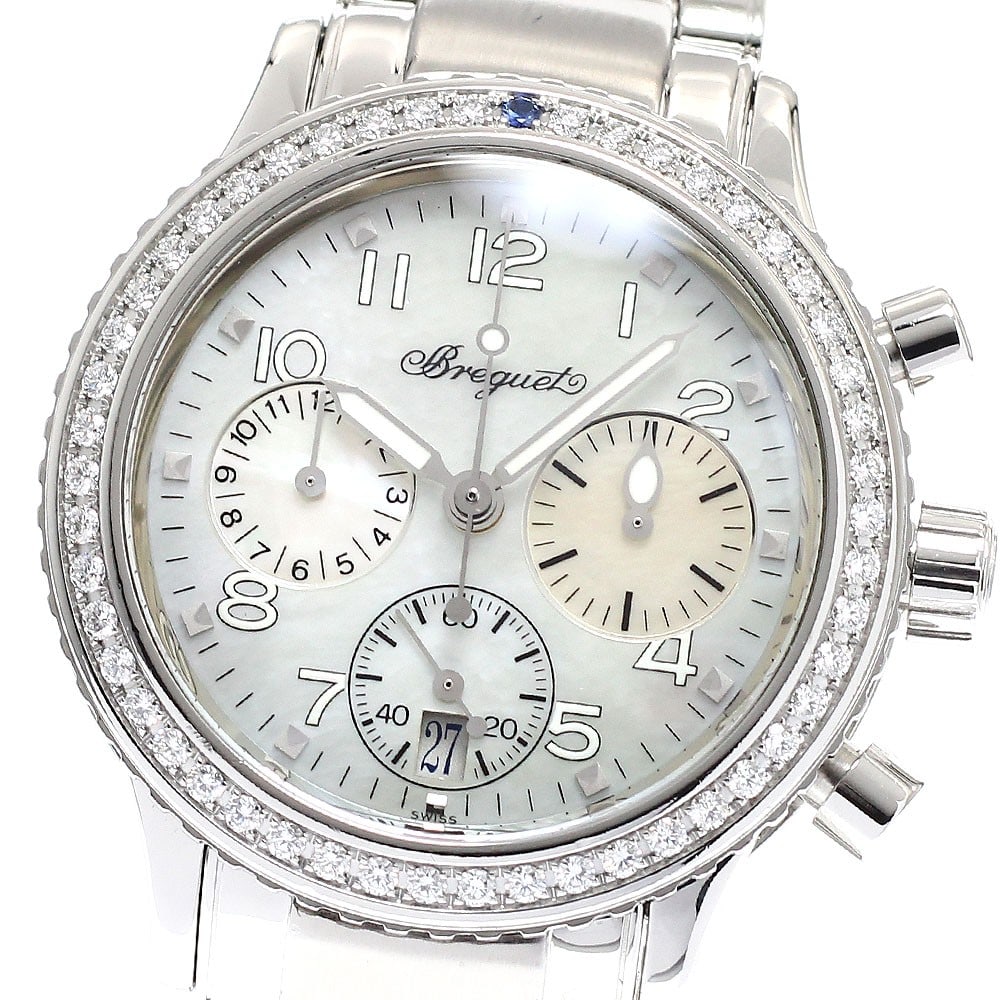 Breguet Transatlantic women's automatic chronograph date watch: Breguet Transatlantic women's automatic chronograph date watch This Breguet Transatlantic Date Chronograph ladies wristwatch features a stainless steel case and bracelet, complemented by a white mothe