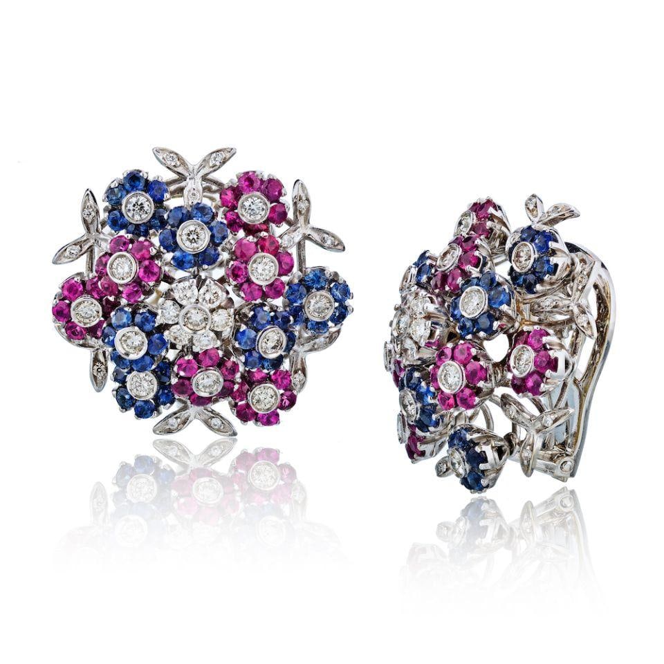 Cartier Tremblant 18K White Gold Diamond Ruby Sapphire Earrings: Cartier Tremblant 18K White Gold Diamond Ruby Sapphire Earrings These exquisite Cartier Tremblant earrings showcase a stunning floral bouquet design, beautifully crafted in 18K white gold. Each earrin