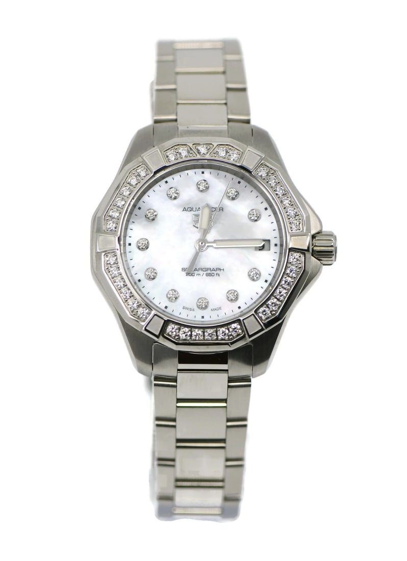 TAG Heuer Aquaracer WBP1314 Stainless Steel 34mm Diamond Quartz Watch: TAG Heuer Aquaracer WBP1314 Stainless Steel 34mm Diamond Quartz Watch This TAG Heuer Aquaracer wristwatch features a 34 mm stainless steel case and a matching stainless steel band. The watch is powere