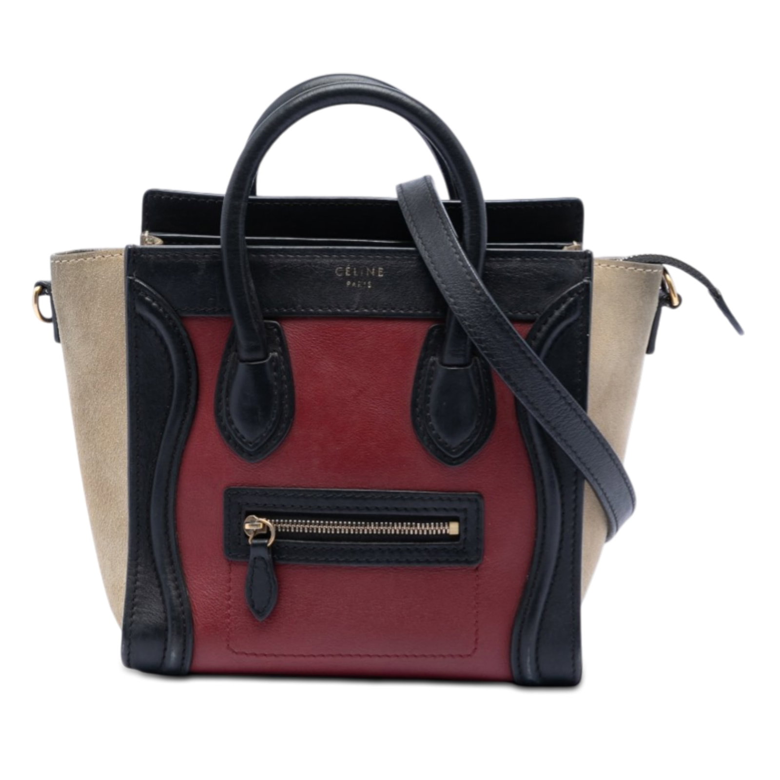 Celine Nano Luggage Tote Tricolor Calfskin With Suede Panels: Celine Nano Luggage Tote Tricolor Calfskin With Suede Panels This Celine Nano Tricolor Luggage Tote features a calf leather body with suede side panels, rolled leather handles, and a detachable flat l