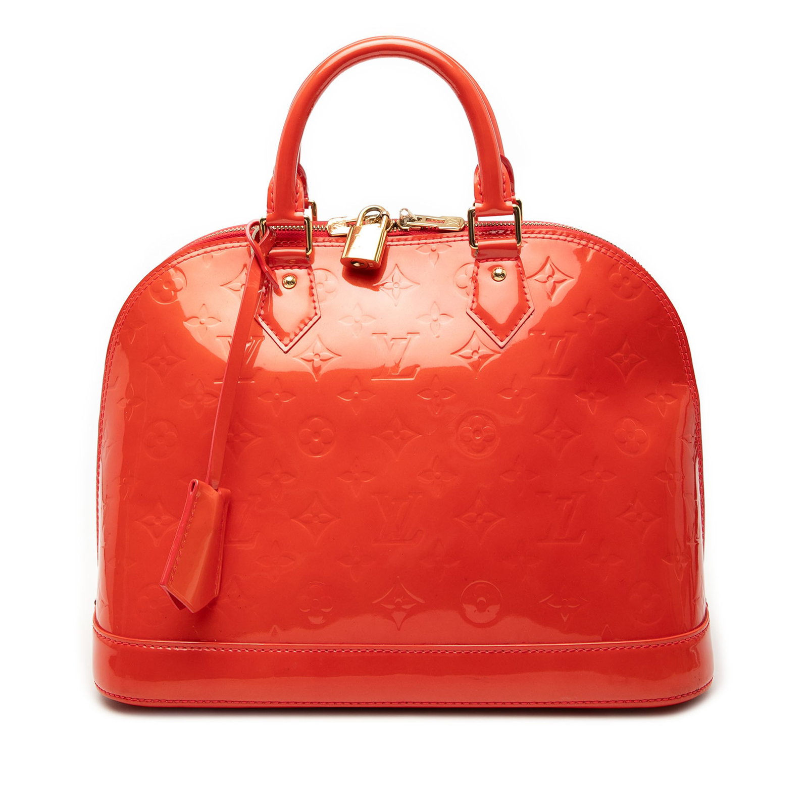 Louis Vuitton Alma PM Orange Monogram Vernis Leather Handbag France: Louis Vuitton Alma PM Orange Monogram Vernis Leather Handbag France This Louis Vuitton Monogram Vernis Alma PM features a monogram vernis leather exterior in orange, with rolled leather handles, a clo