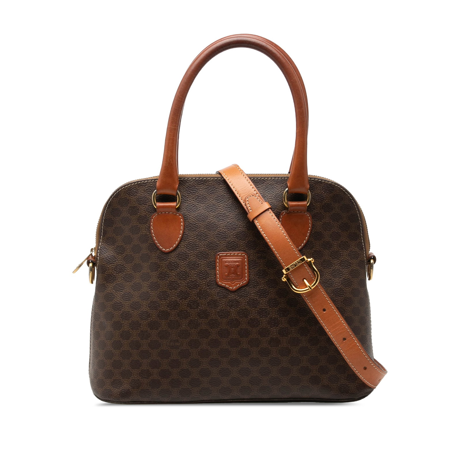 Celine Macadam Dome Satchel in Brown Coated Canvas: Celine Macadam Dome Satchel in Brown Coated Canvas Celine Macadam dome satchel in brown coated canvas with rolled leather handles and an adjustable, detachable flat leather strap. The bag features a t