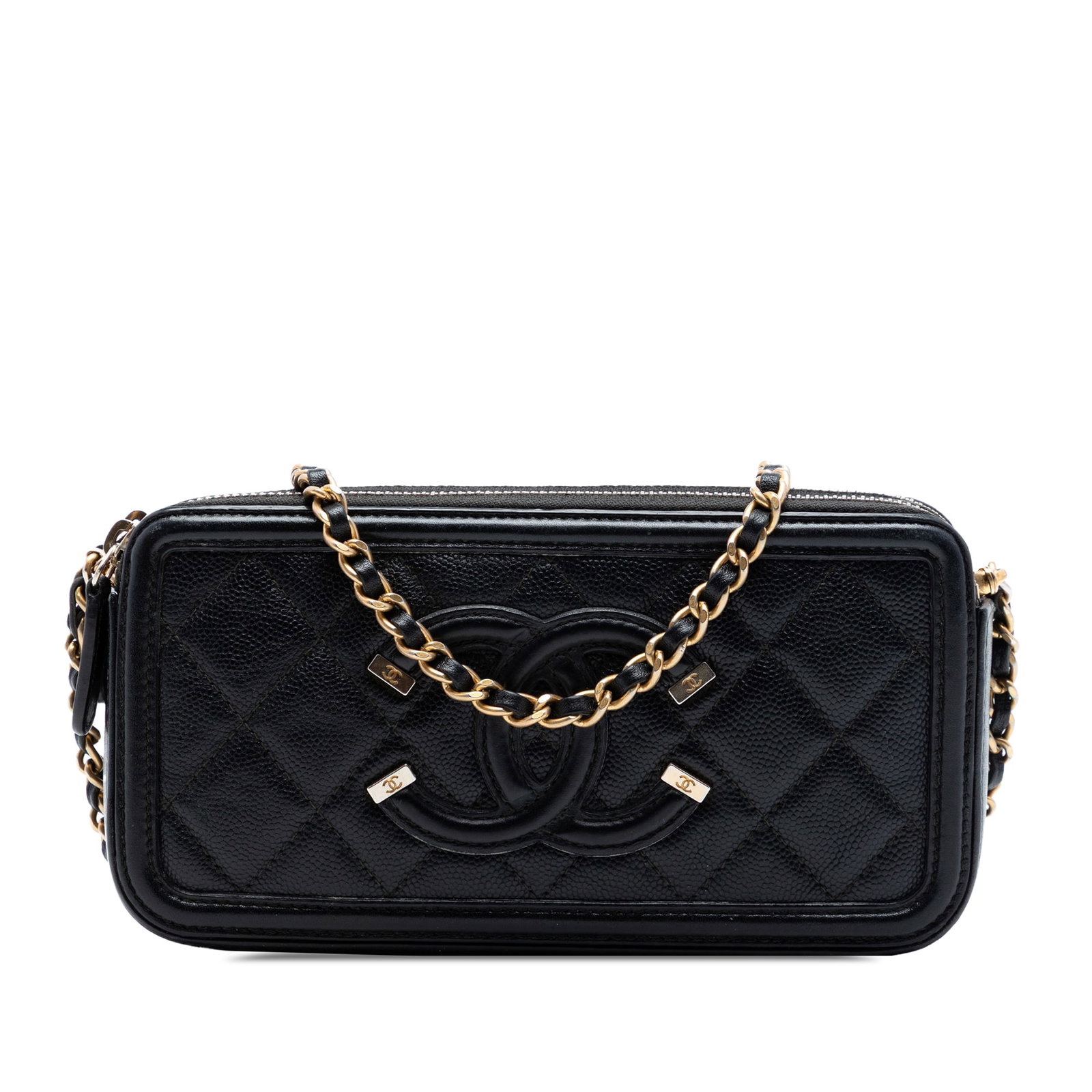 Chanel black caviar leather CC filigree chain clutch: Chanel black caviar leather CC filigree chain clutch This Chanel Caviar CC Filigree Clutch with Chain showcases a quilted caviar leather exterior in black, complemented by a leather-woven chain strap 
