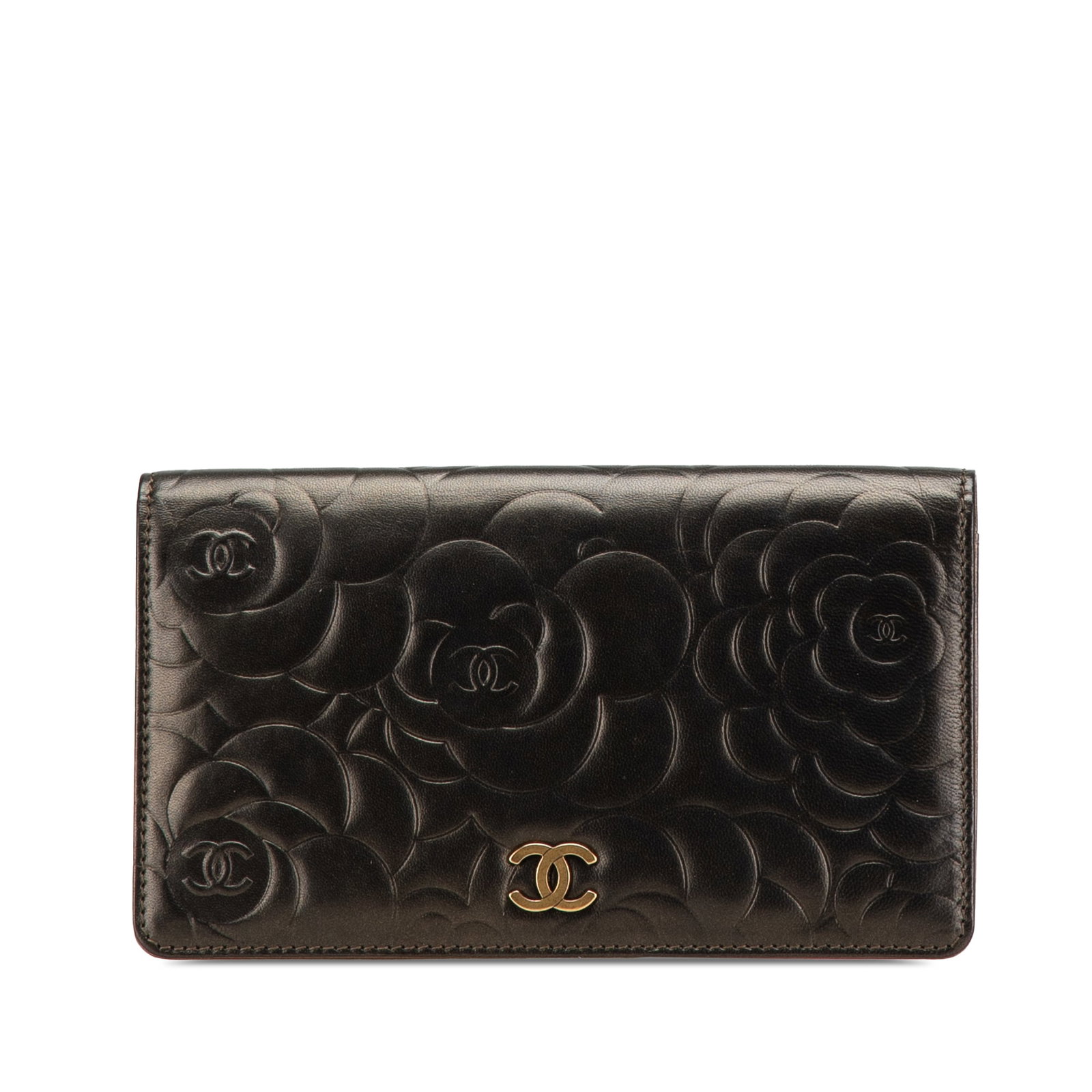 Chanel Camellia Bifold Wallet Black Embossed Lambskin Leather: Chanel Camellia Bifold Wallet Black Embossed Lambskin Leather A black bifold wallet in embossed lambskin leather with a Camellia design and interior zip and slip pockets. It is made in Italy and is ca