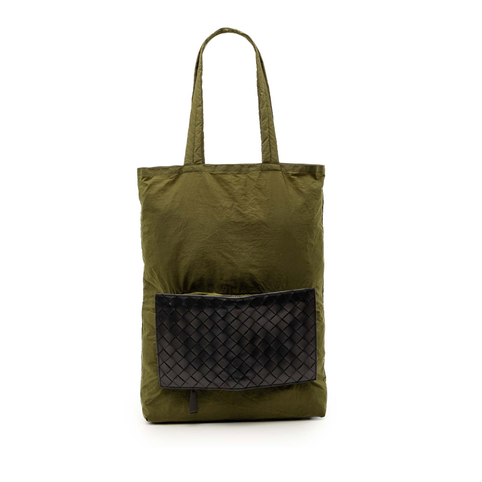 Bottega Veneta Intrecciato Nylon Tote with Leather Trim and Woven Pocket: Bottega Veneta Intrecciato Nylon Tote with Leather Trim and Woven Pocket This eco tote features a nylon body with leather trim, flat straps, an open top, and an exterior front zip pocket crafted from 
