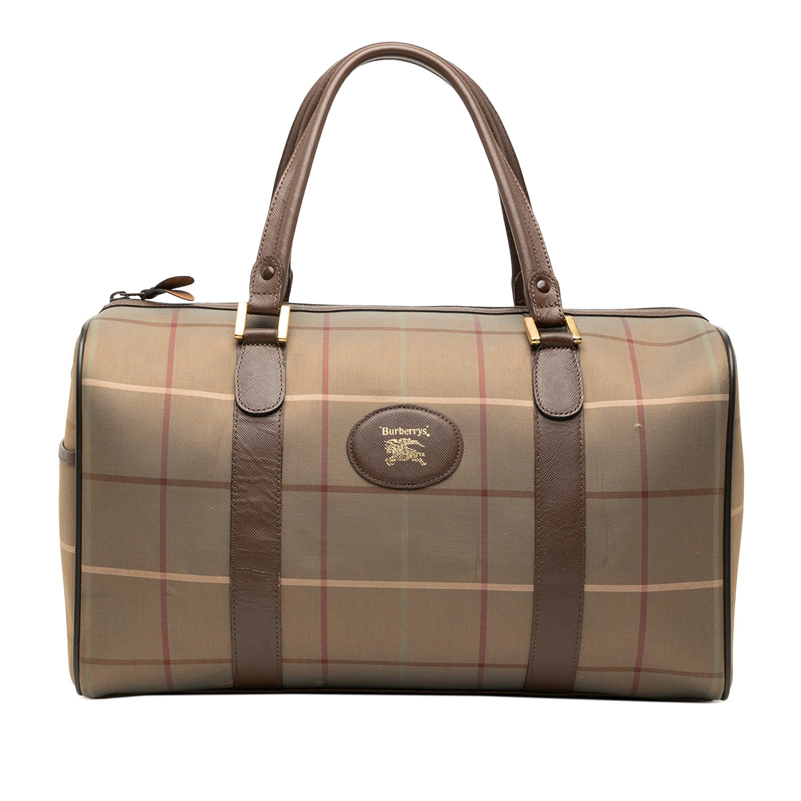 Burberry plaid canvas Boston handbag with leather trim: Burberry plaid canvas Boston handbag with leather trim This Burberry Vintage Check Canvas Boston Bag features the brand's iconic plaid canvas with leather trim, rolled leather handles, and a top zip c
