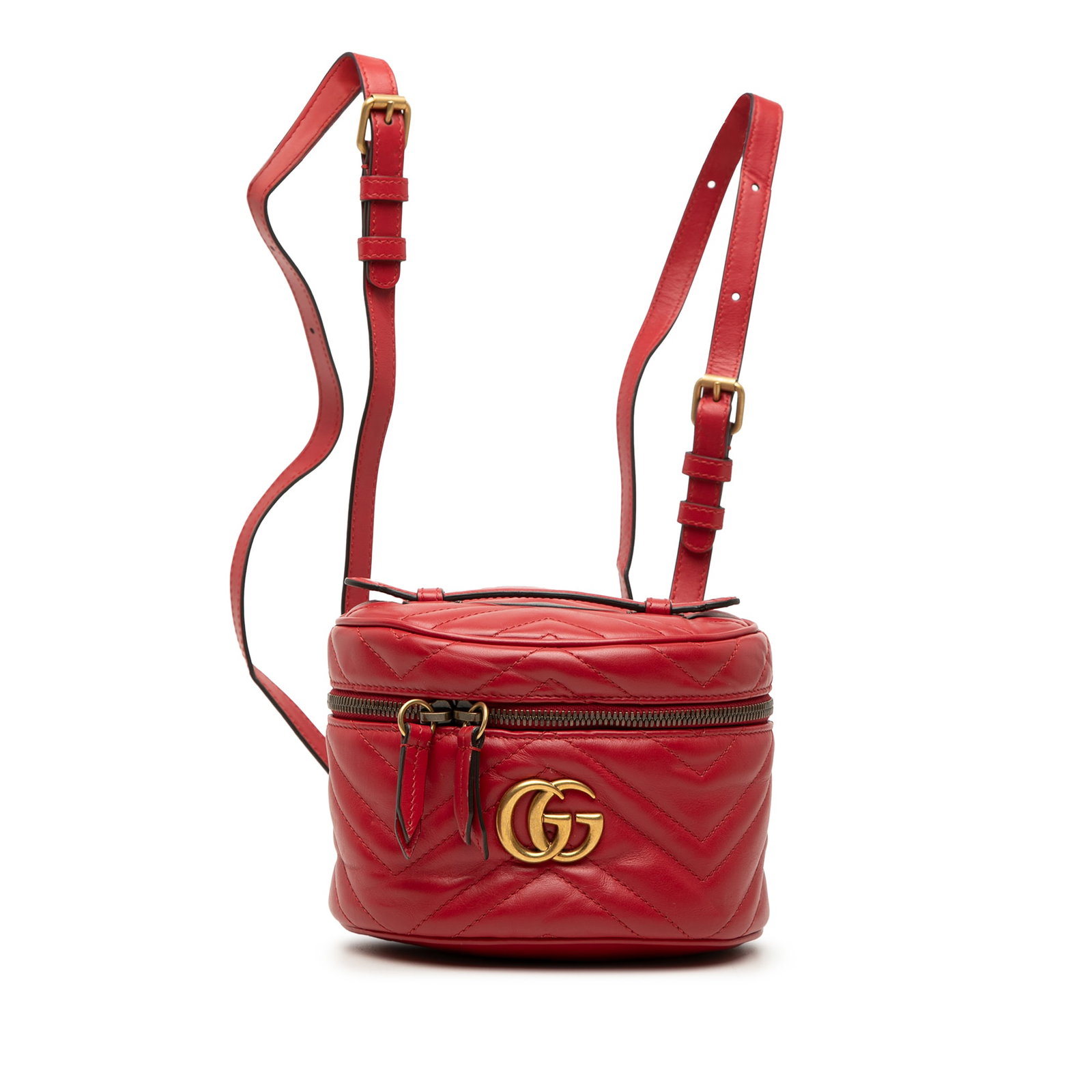 Red Leather Round Backpack Gucci GG Marmont Mini: Red Leather Round Backpack Gucci GG Marmont Mini Gucci Mini GG Marmont Matelasse Calfskin Round Backpack in red leather with a quilted body, flat leather top handle, chain and leather back straps, and