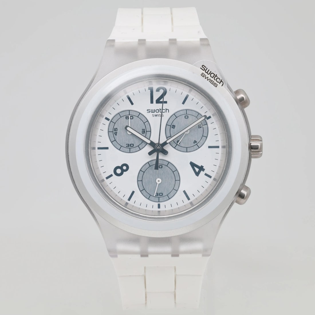 S-Watch SVCK1007 Quartz Chronograph 43mm White Dial Silicone Band: S-Watch SVCK1007 Quartz Chronograph 43mm White Dial Silicone Band Introducing the S-Watch Chronograph, a stylish 43mm wristwatch designed for the modern man. Featuring a striking white sunburst dial w