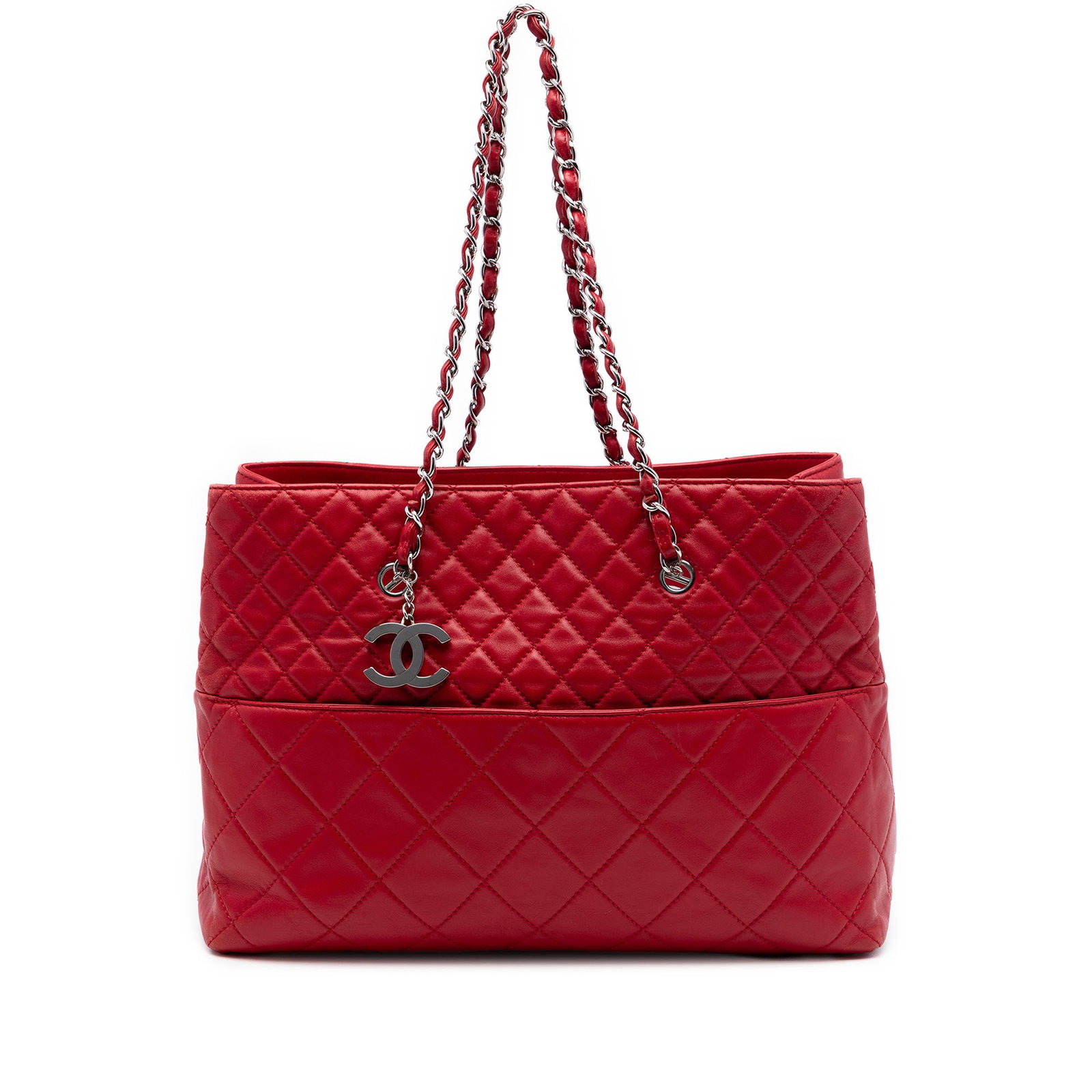 Chanel In The Business Large Quilted Calfskin Leather Tote Red: Chanel In The Business Large Quilted Calfskin Leather Tote Red Chanel Large Quilted Calfskin In The Business Tote bag in red leather, made in Italy. It features a quilted leather body, leather-woven c
